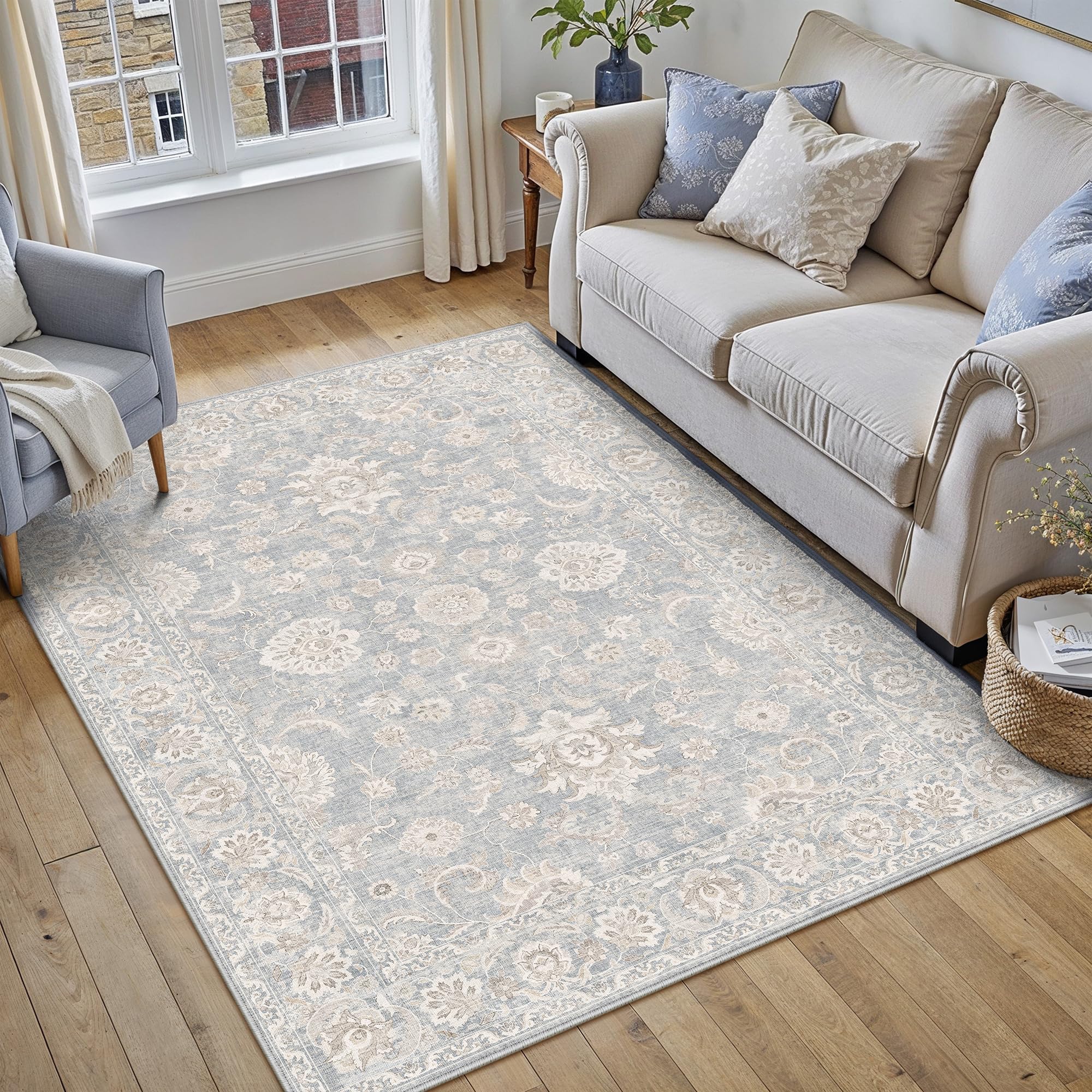 PureCozy Vintage Blue Rugs for Bedroom Living Room 120x170cm Washable Soft Area Rugs with Non Slip Backing, Flower Traditional Printed Low Pile for Kitchen Dining Room Laundry Office — image 1