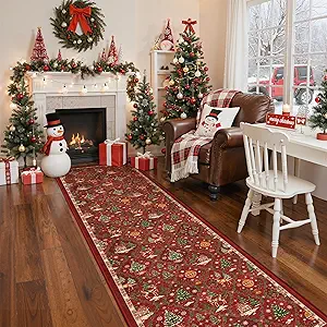 Madane Christmas Runner Rugs for Hallway 2x10 Long, Washable Non-Slip Red Hallway Rug Low-Pile Stair Kitchen Runner Soft Holiday Decor Throw Carpet for Entrance Living Dining Laundry Room
