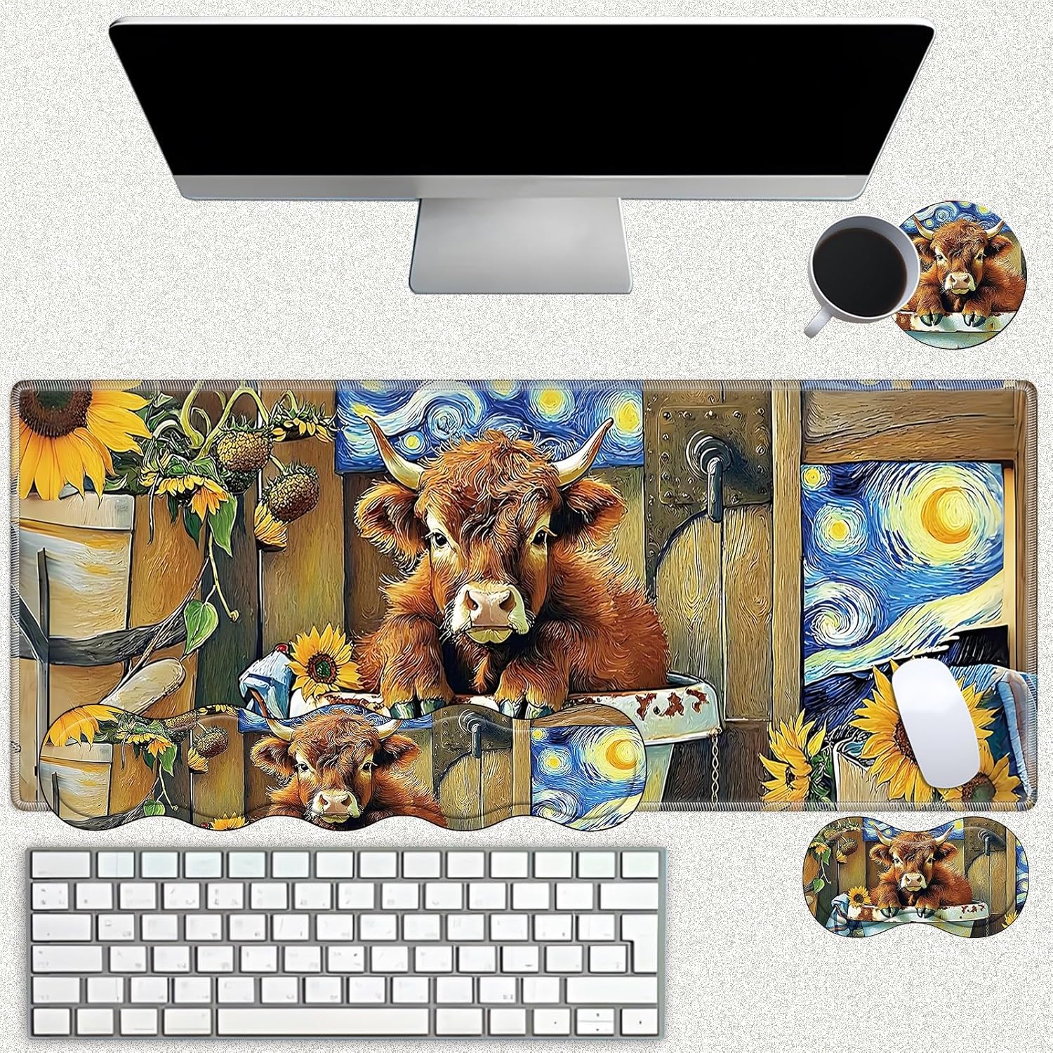 Desk Mat Large Gaming Mouse pad Set 31.5x11.8 inch [4in1Mousepad + Keyboard Wrist Rest+Mouse Wrist Rest+Coaster ] with Ergonomic Desk Pad for Home Office Table Computer - Highland Cow