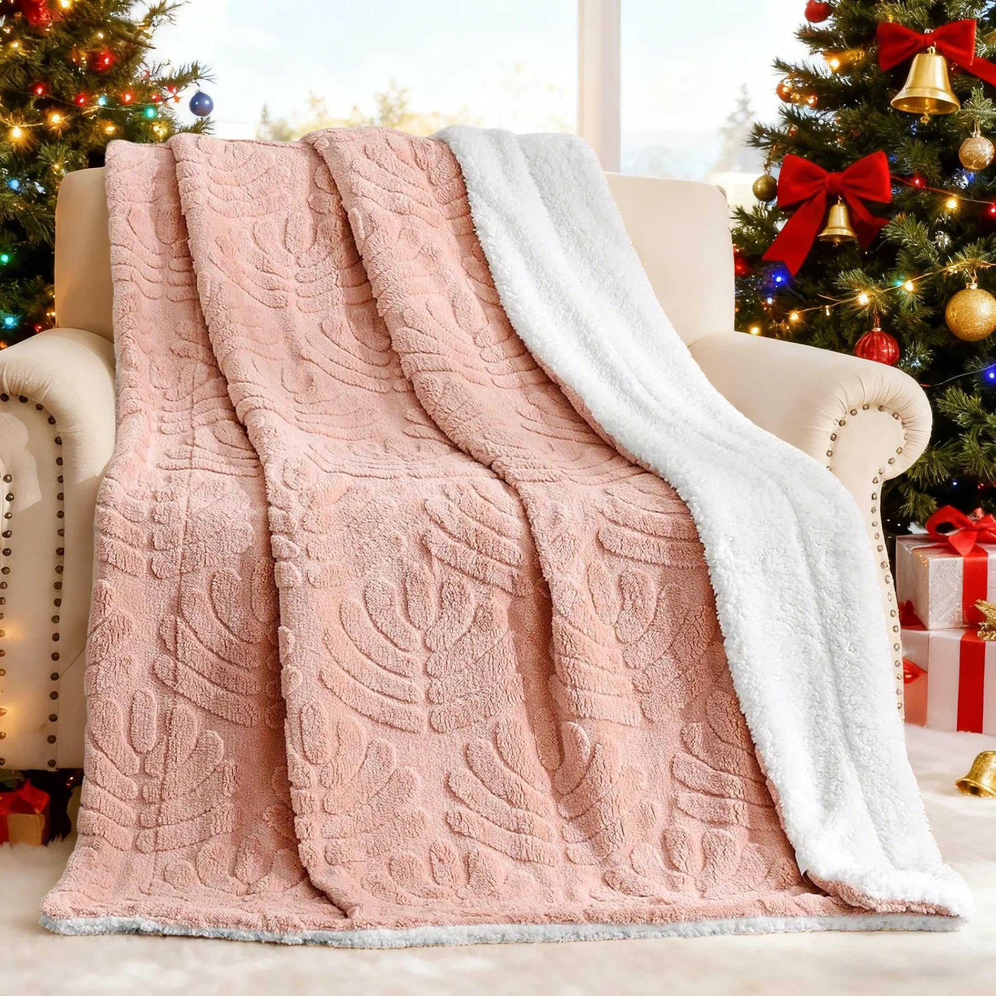 Whale Flotilla Fleece Sherpa Blanket for Couch, Reversible Lightweight and Ultra Soft Plush Bed Blanket Warm Plush with Decorative Jacquard Pattern, 130x150cm, Pink