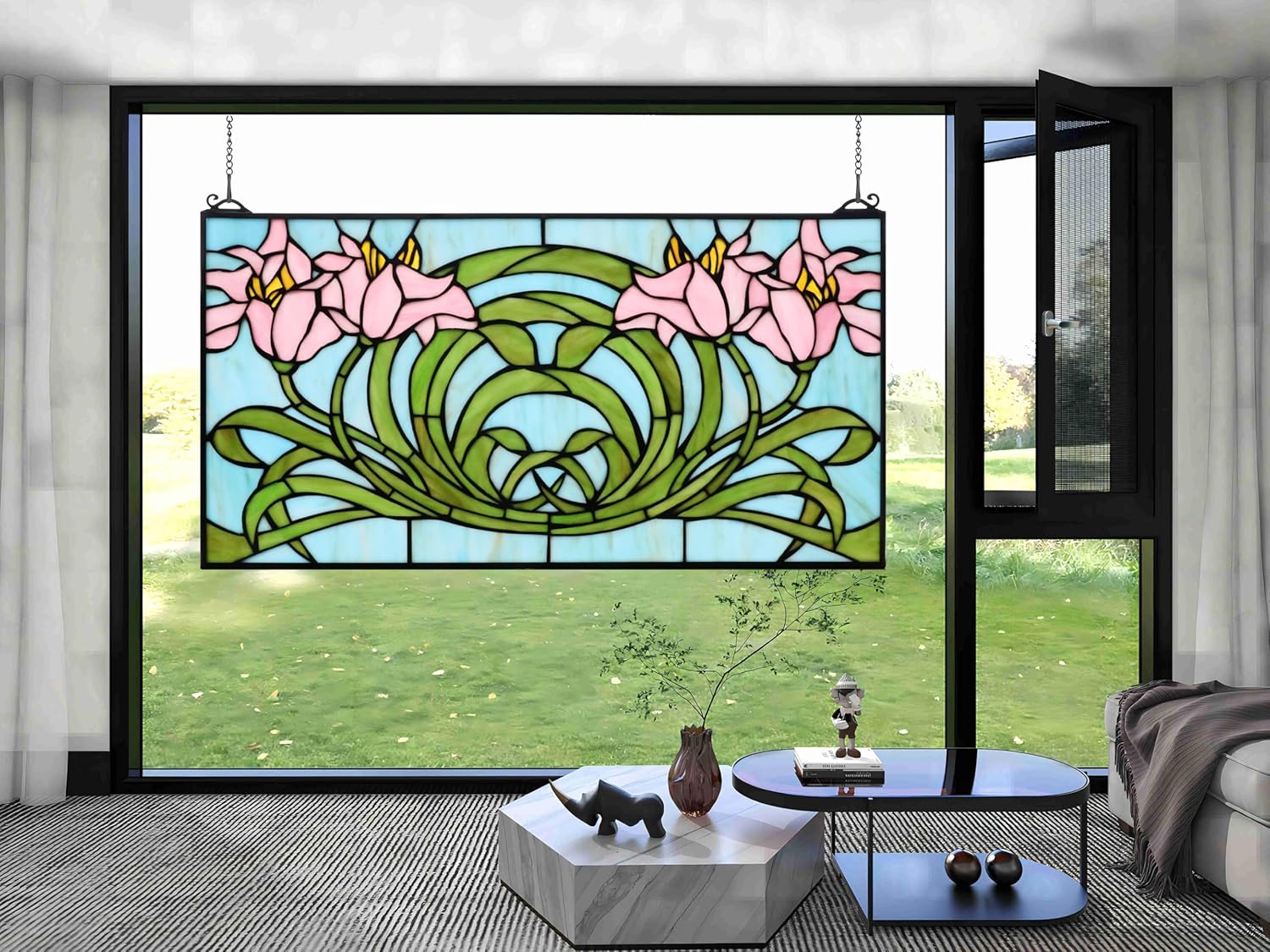 Yogoart Rectangle Horizontal 23 Inch Orchid Stained Glass Window Panels Hanging Transom Window 12 Inch Wide Panels with Hanging Chain