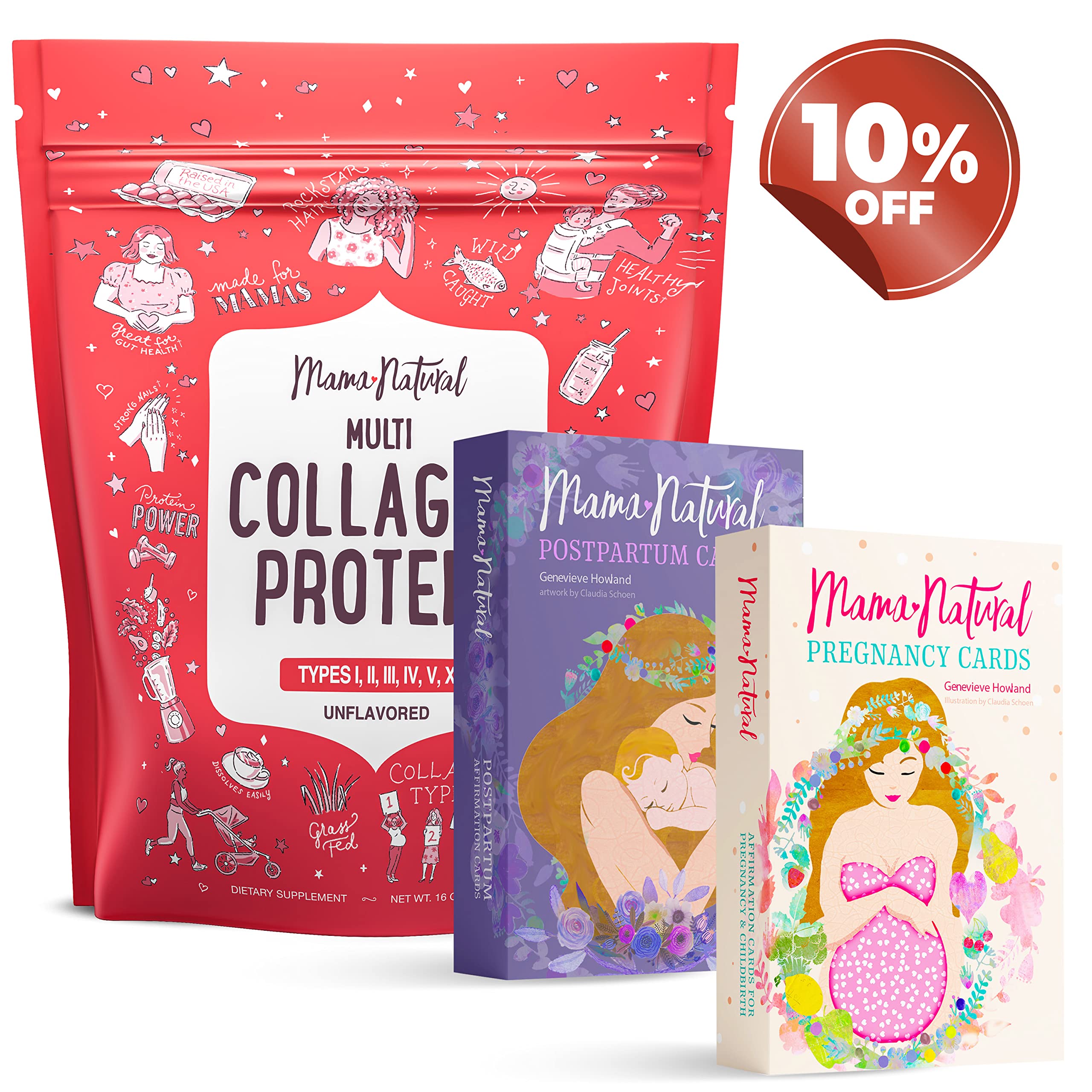 Mama Natural New Mom Essentials Pack - 16 Oz Multi Collagen Protein Powder & 100 Powerful Pregnancy & Postpartum Affirmations Cards | Gifts for New Mom just got easy. Product Bundle