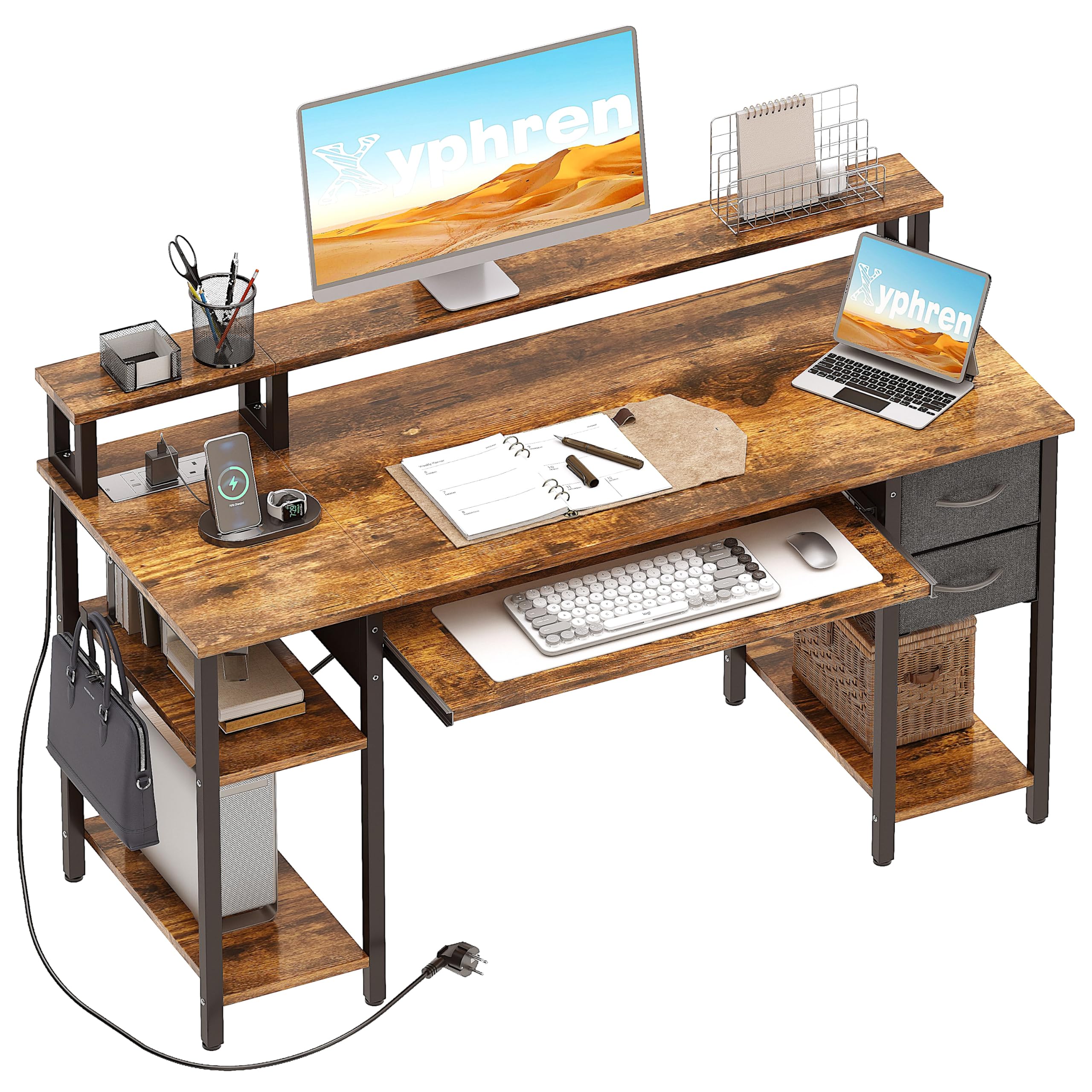 Xyphren Computer Desk with Drawers & Power Outlets, Office Desk with Storage Monitor Stand, Reversible Small Desks for Home Office Bedroom, 120 * 50cm, Brown