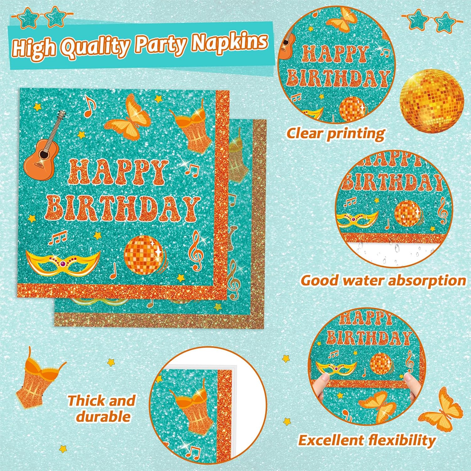 96PCS Popular Singer Birthday Party Paper Plates and Napkins Music Lover Party Decoration Pop Singer Theme Party Supplies Orange Green Glitter Tableware Set Serves 24 Guests Girls Baby Shower Favor image 3
