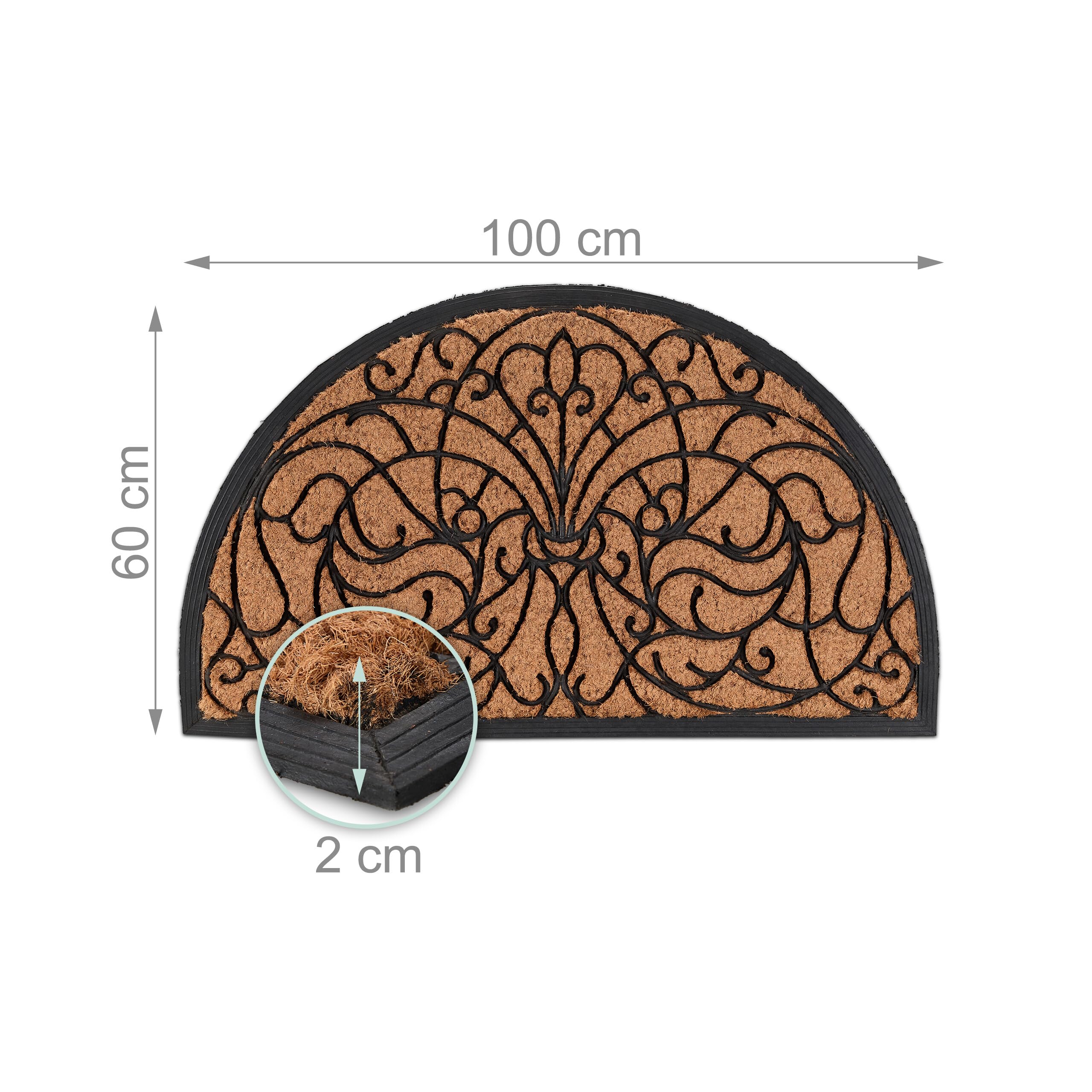 Relaxdays Zerbino in Fibra di Cocco, Semicerchio 100x60 cm Tappetino Antiscivolo Ingresso Esterno, Interno, Marrone Nero