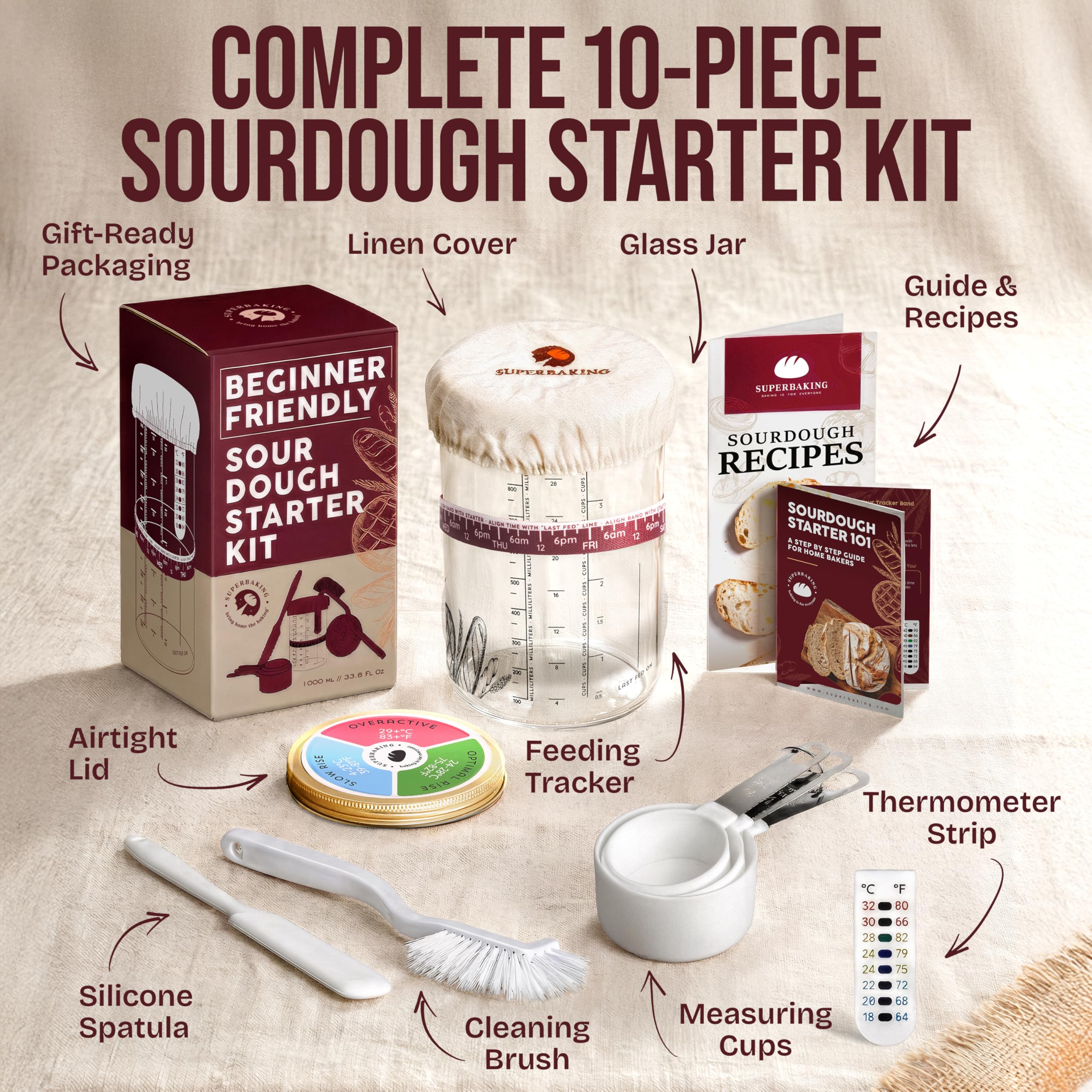 Superbaking Tarro de vidrio de masa madre (33 onzas) – Kit de iniciación de masa madre para principiantes – Herramientas imprescindibles para hacer masa agria para el pan de masa madre perfecto
