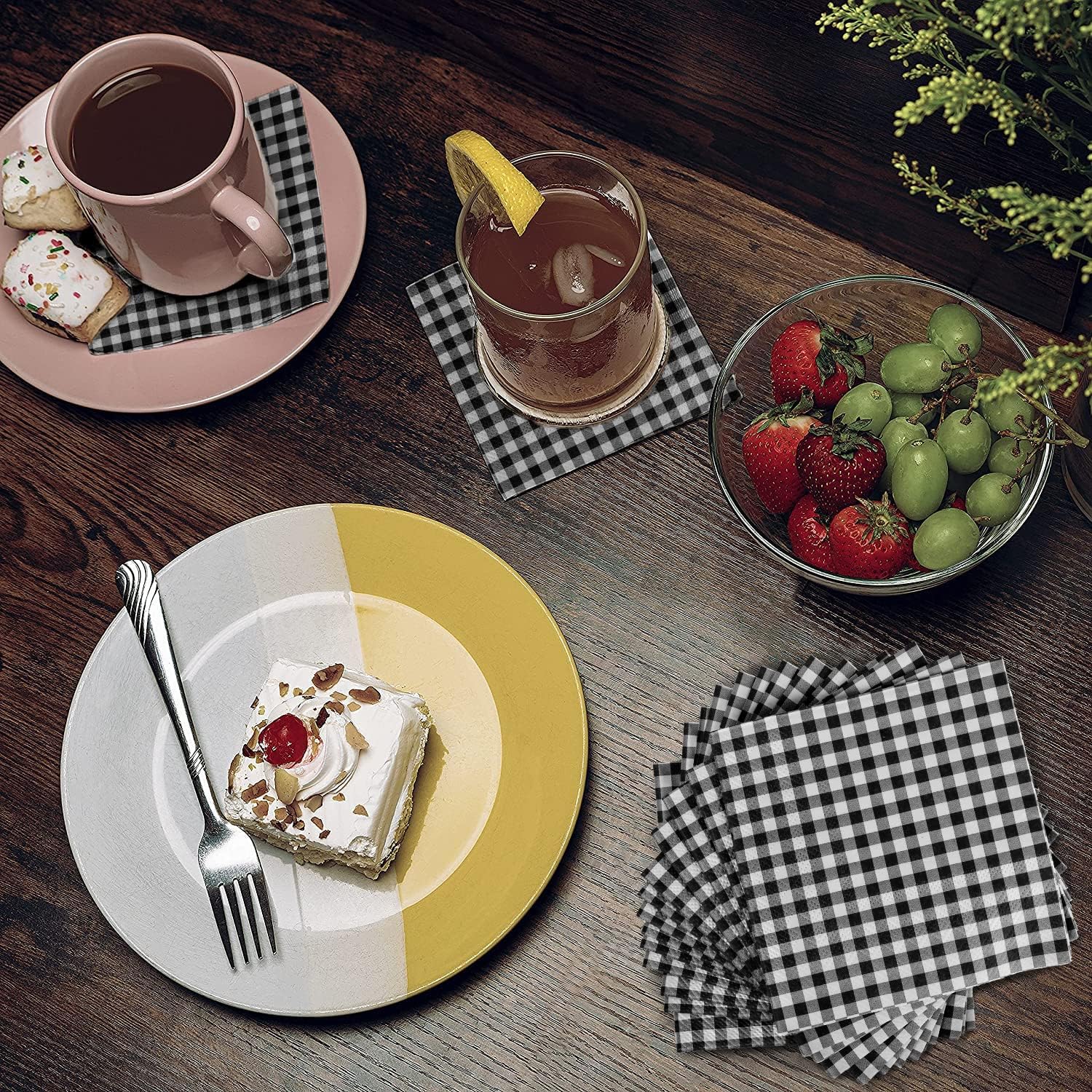 Gatherfun Cocktail Napkins 3-ply 80PCS Black and White Gingham disposable Paper Napkins Beverage napkins for Restaurant Bar Picnic Birthday Party
