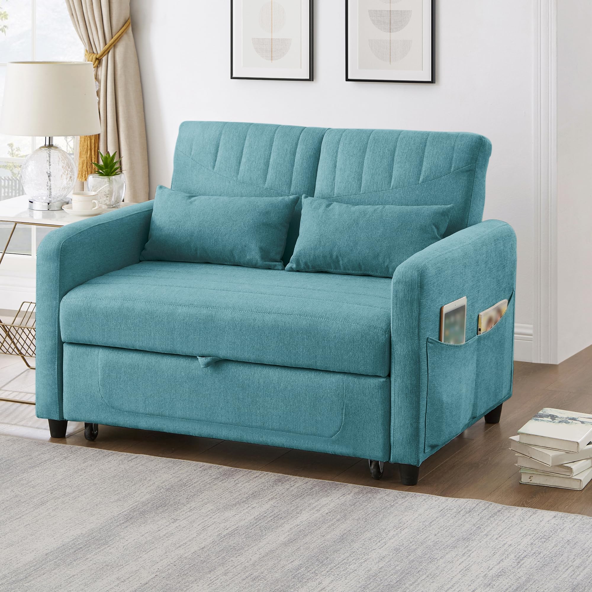 Divano pieghevole a due posti, design allungabile, semplice e moderno, stile contemporaneo, schienale regolabile in tre livelli, tessuto in cotone e lino traspirante (blu)