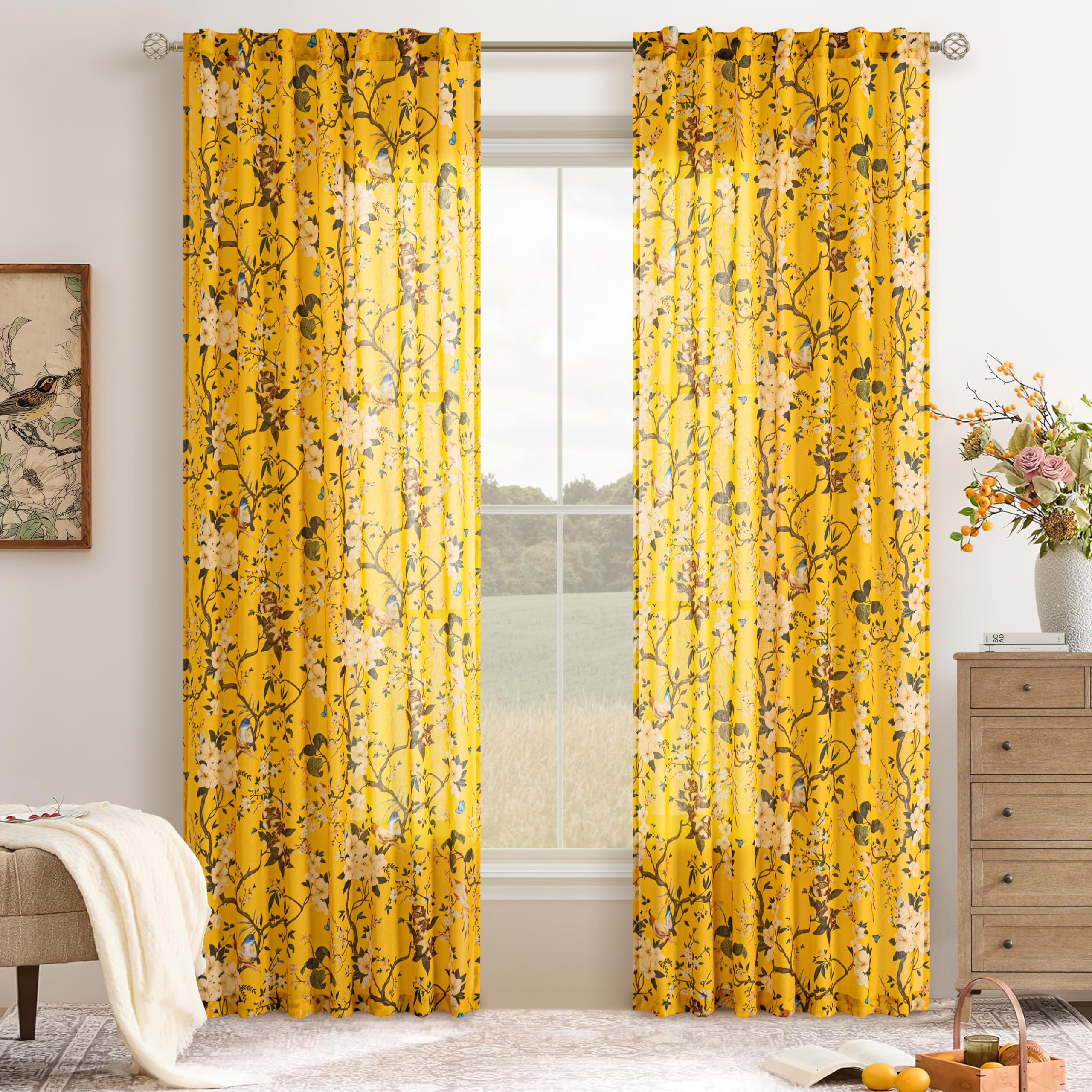 Mustard Yellow Linen Bird Sheer Curtains 102 Inch Length for Living Room | 2 Panels,Vintage,Bohemian,Back Tab,Rod Pocket,Floral Drapes,Country,Light Filtering,for Bedroom Dining Room,Sliding Door
