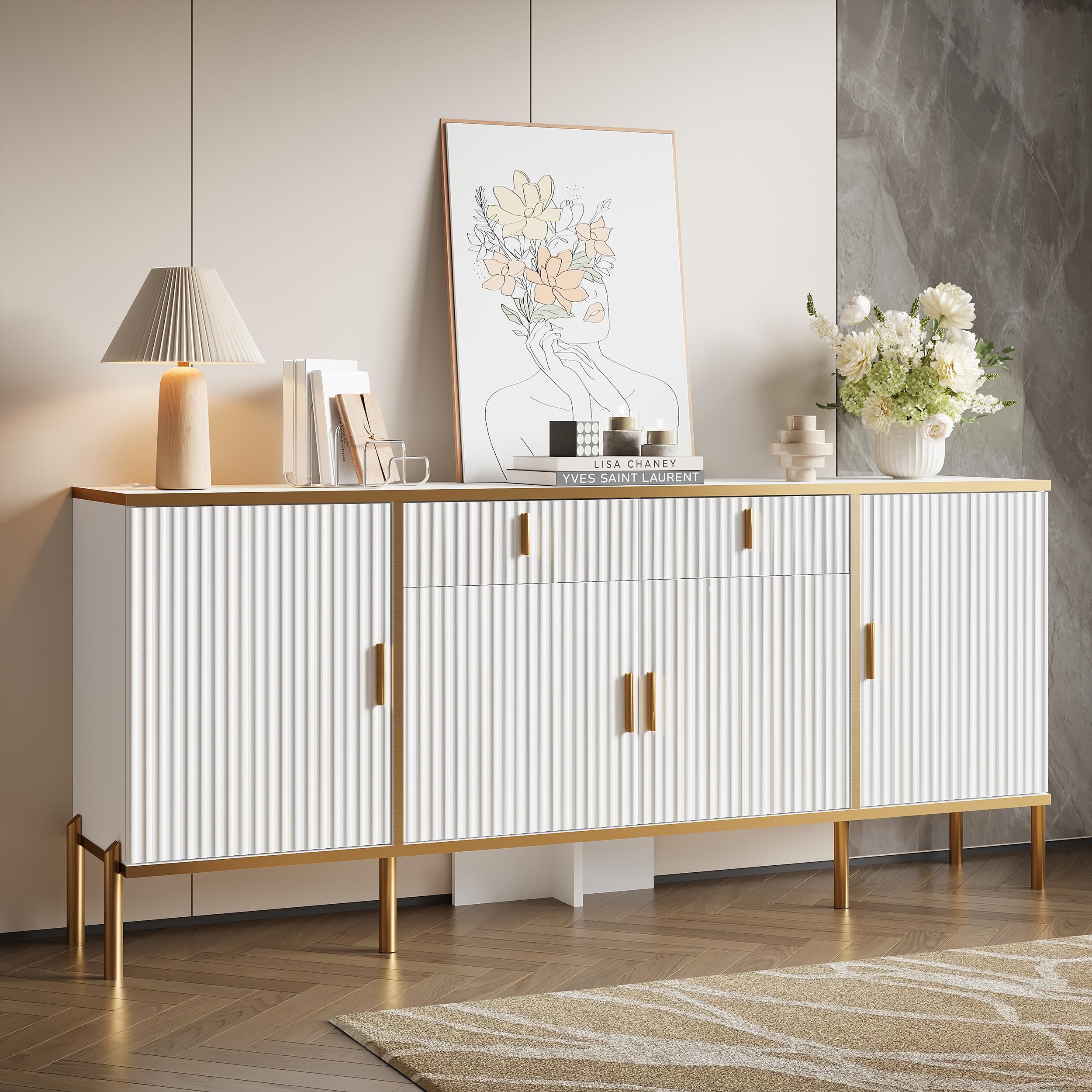 oneinmil 60" Fluted Sideboard Buffet Cabinet, Modern Buffets & Sideboard with Adjustable Shelves, Accent Cabinet with Storage for Kitchen, Living Room, White