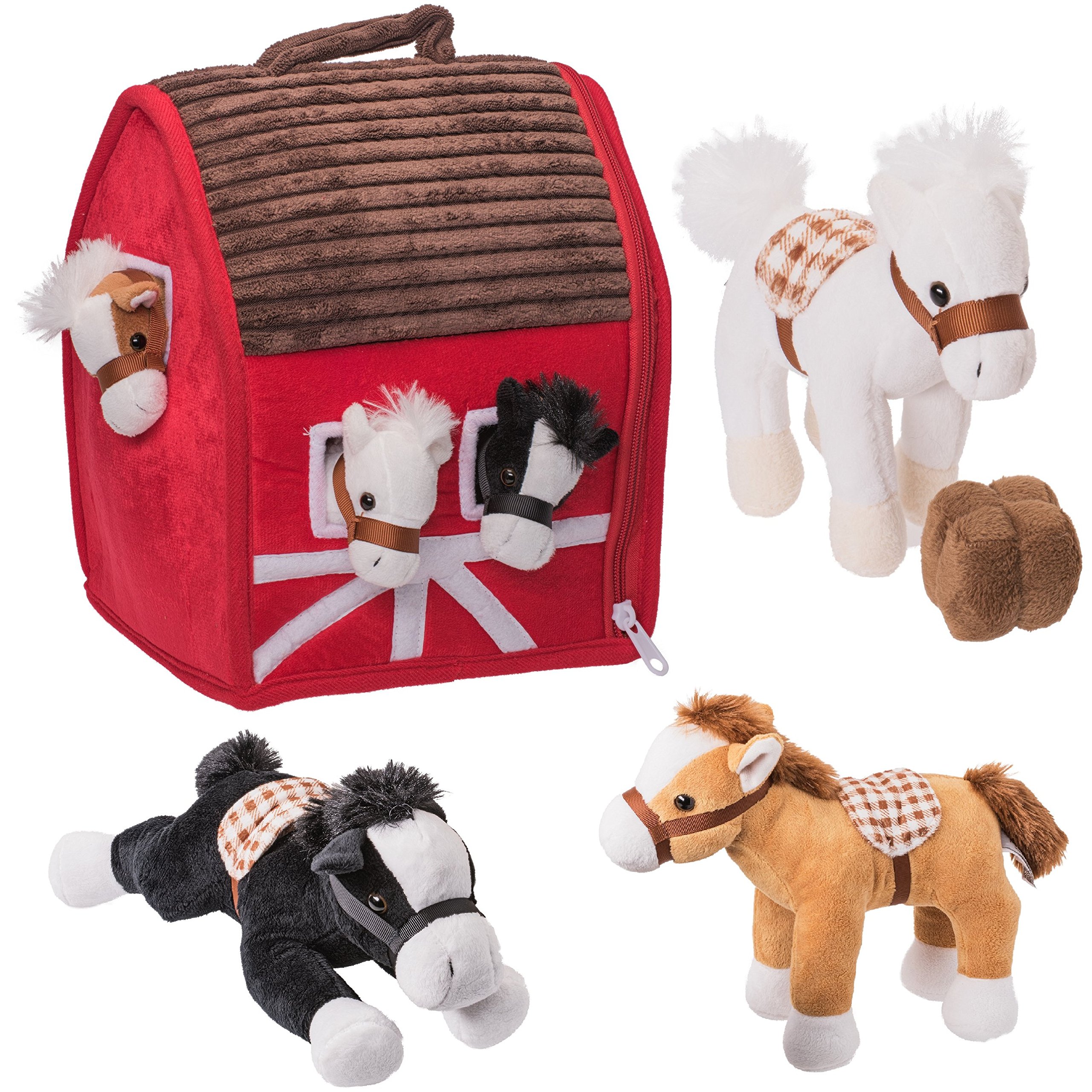 PrextexPlush Farm House with Soft and Cuddly 5" Plush Horses, Farm Boy, and Farm House Barn House Carry Along Case