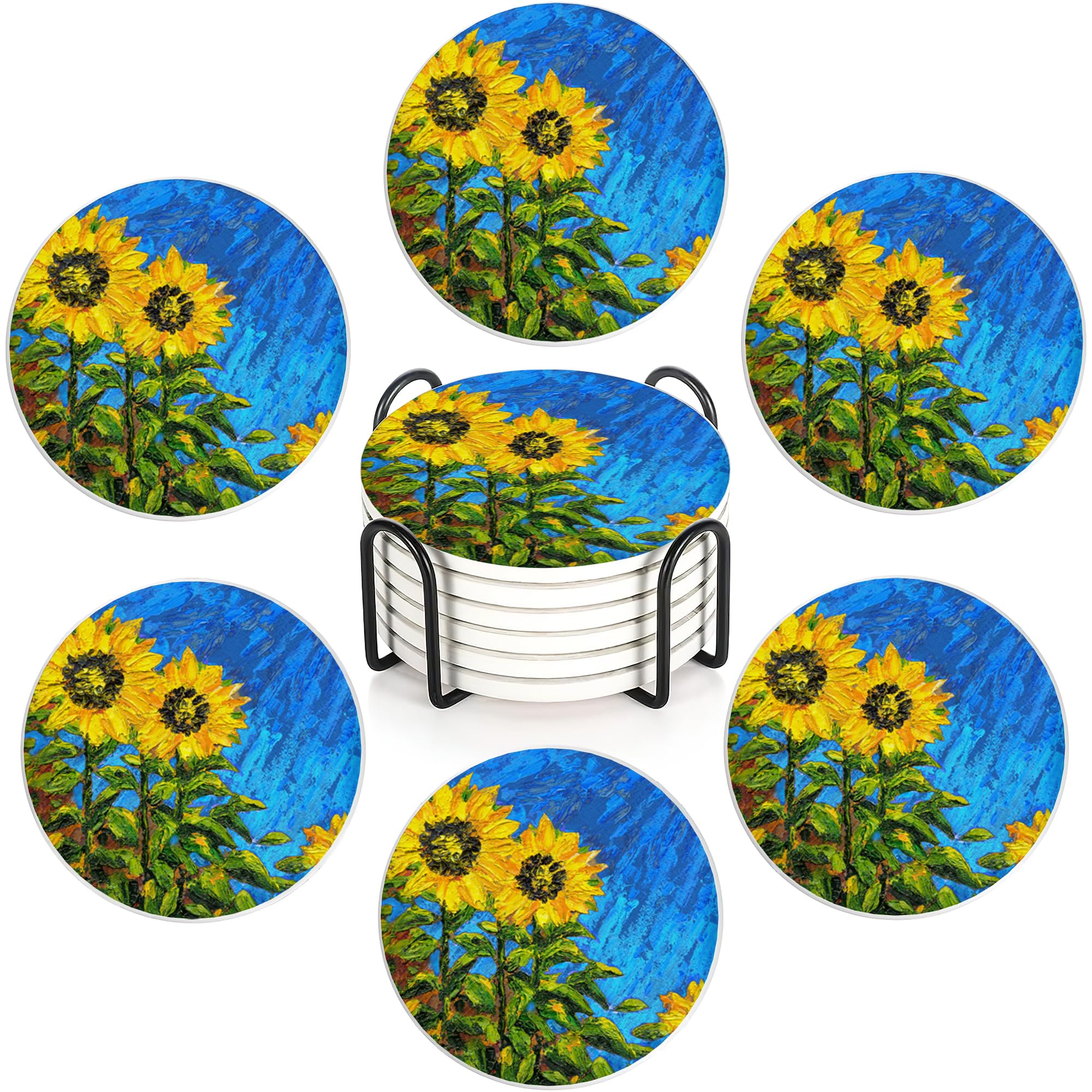 Sunflower Oil Painting Coasters Set of 6,Absorbent Ceramic Coasters with Cork Base,Round Coaster Mats for Cold Drinks & Mugs, Rustic Home Decor + Holder