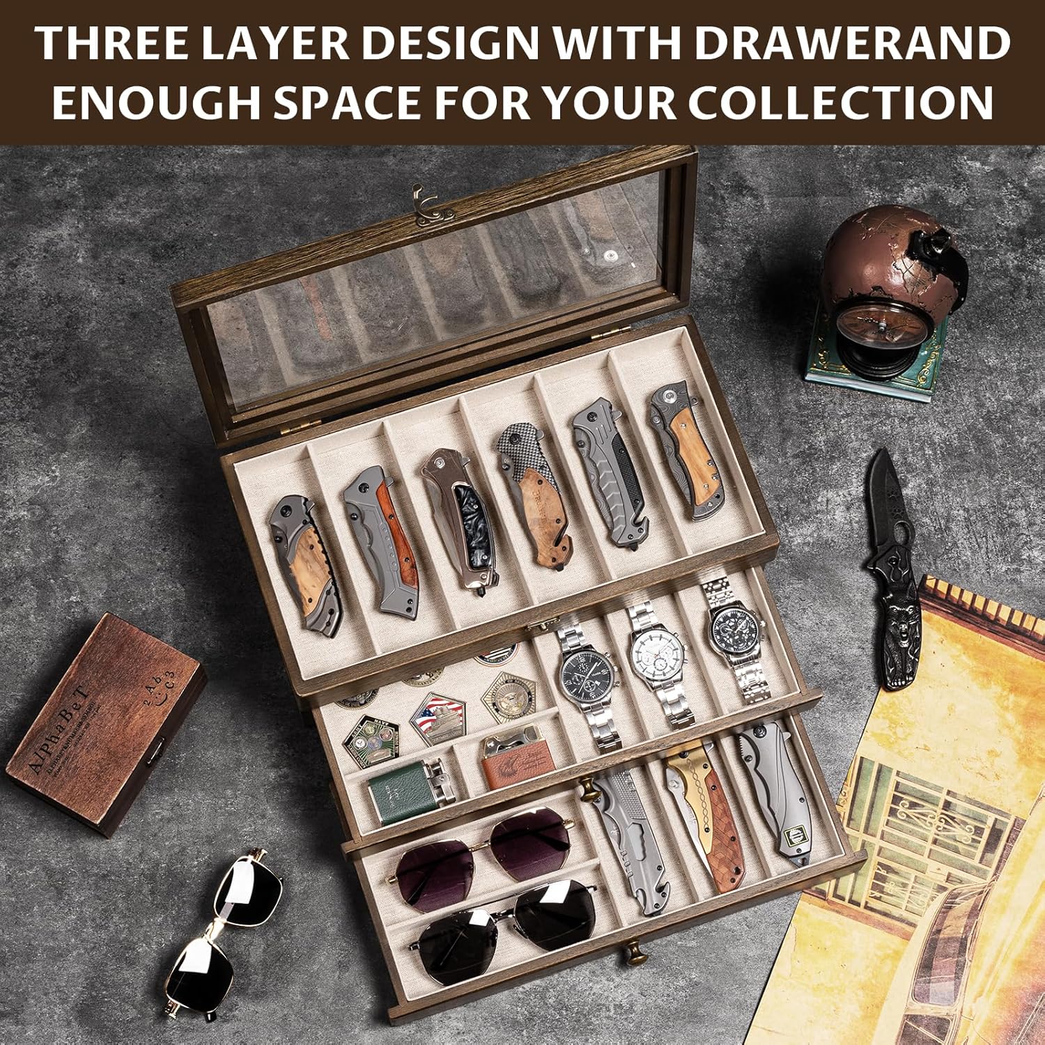 Knives Display Box, 3-Layer Pocket Knives Box Display & Storage Knives, Solid Wood Knives Box for Collections, Gift for Boyfriend Fathers Day Birthday Gifts (Vintage)