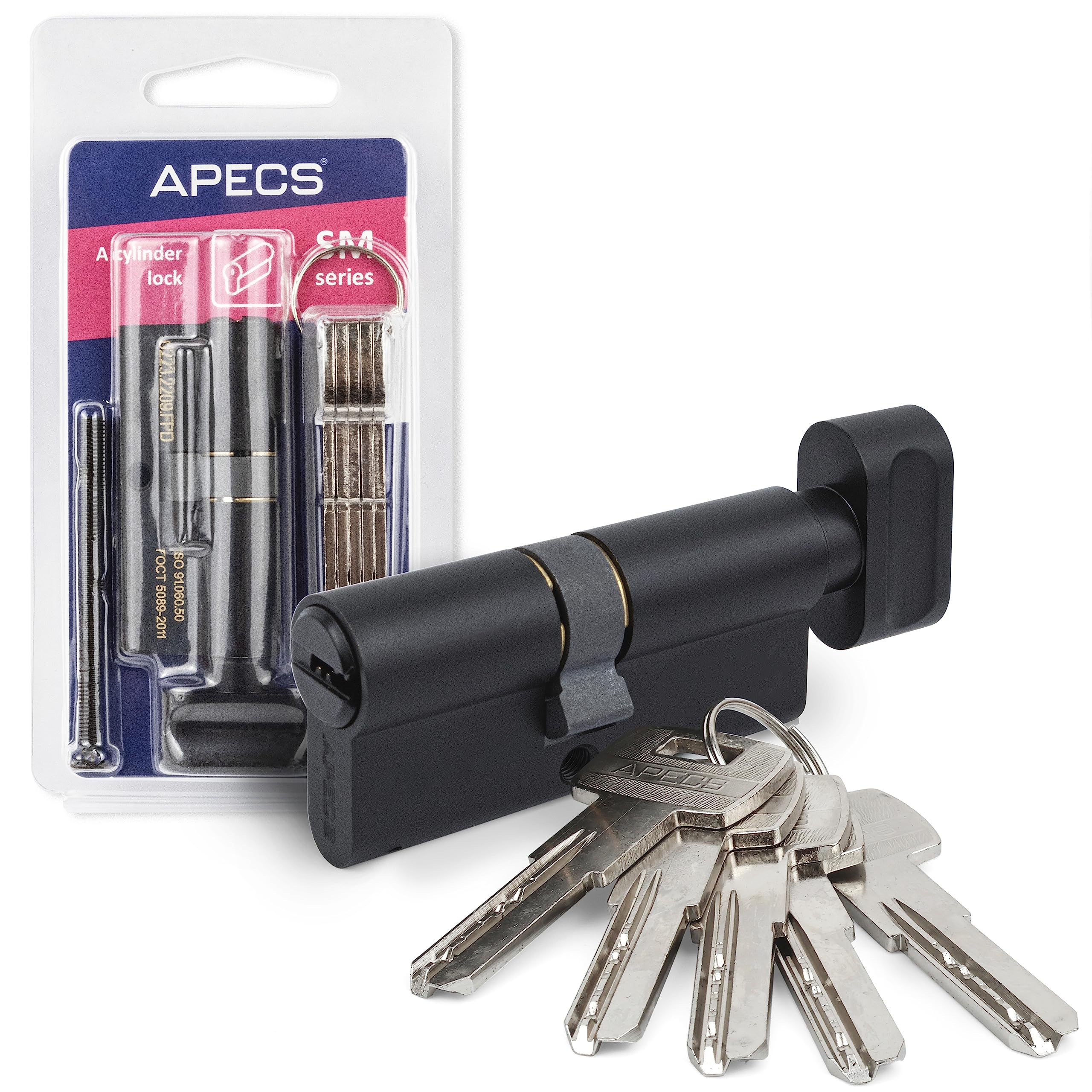 Apecs Black Knob Cylinder Lock Cylinder With Knob Cylinder Lock 80 (35/45C) Mm For Door Lock Front Door With 5 Keys Model Sm-80(35/45C)-C-Blm