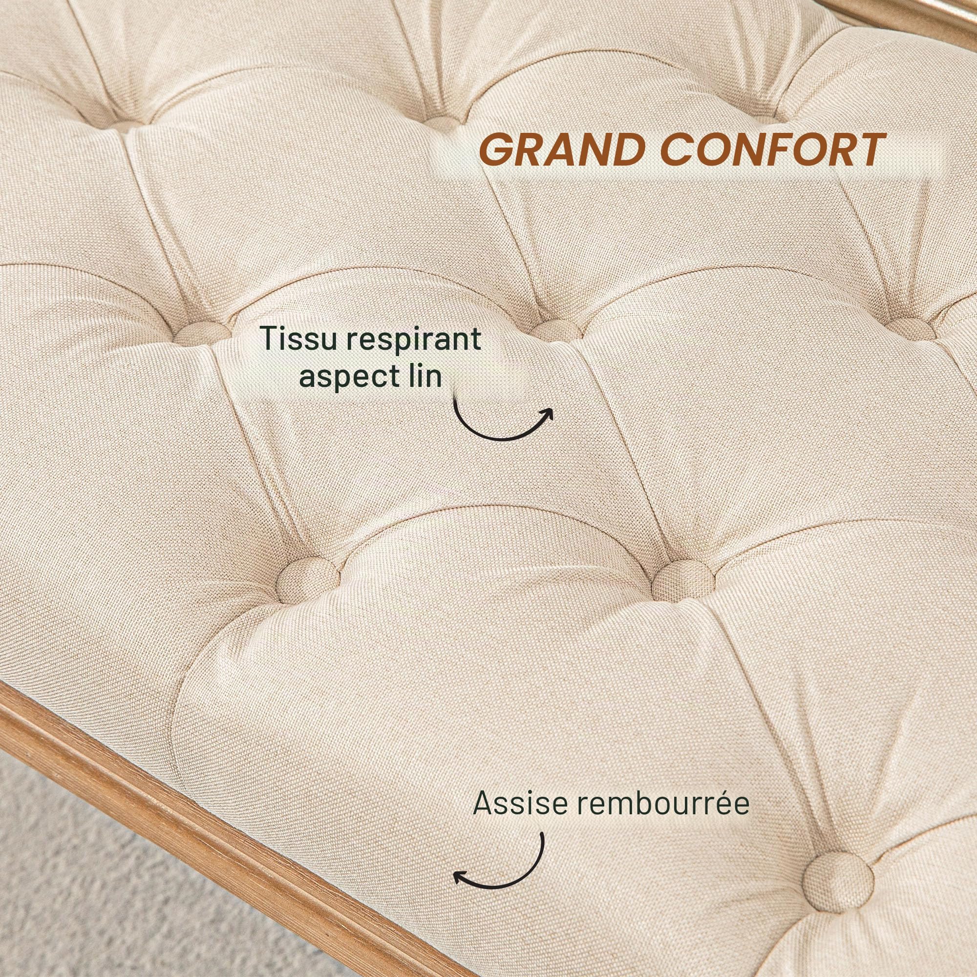 HOMCOM Banc, banc rembourré avec aspect lin, pieds en bois, banc de lit pour chambre à coucher, salon, couloir, 120 x 41 x 48 cm, crème