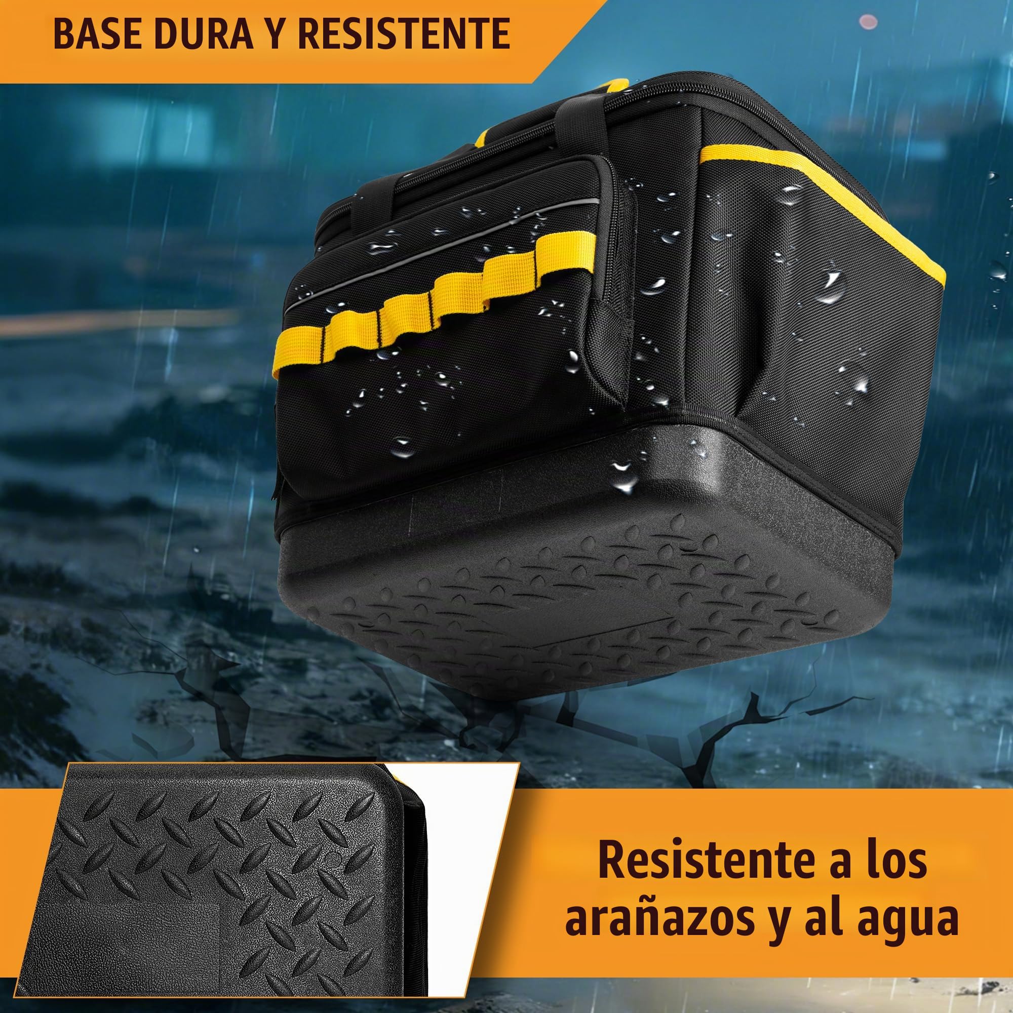 Rexmica Bolsa de Herramientas con Base Rígida de EVA/Correa para el Hombro | Bolsa de Herramientas Robusta Multifuncional para Electricistas, Fontaneros, Mecánicos y Uso Automotriz, Negro/Amarillo