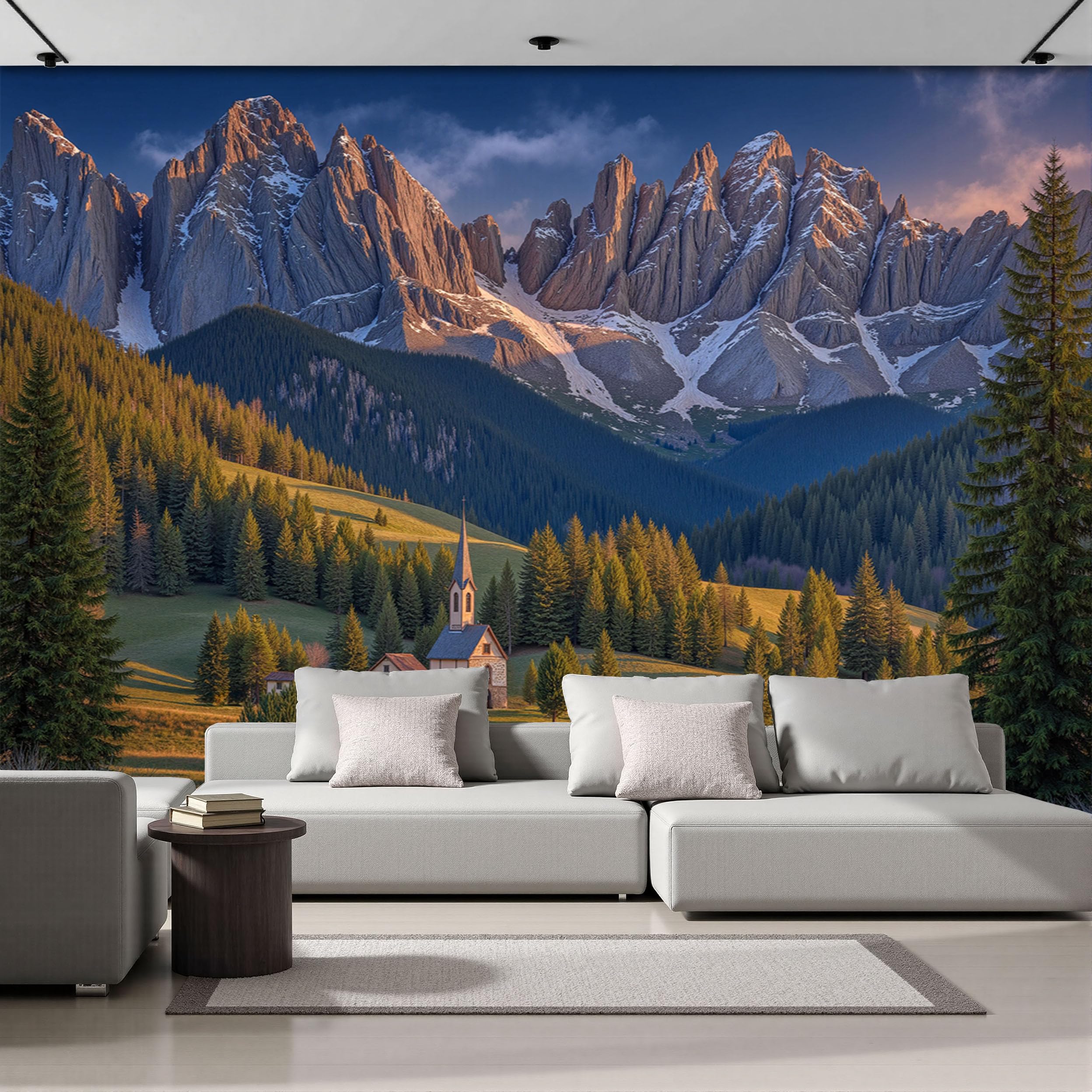 Papier peint panoramique église de forêt 200x140 cm en soie premium pour décoration murale salon