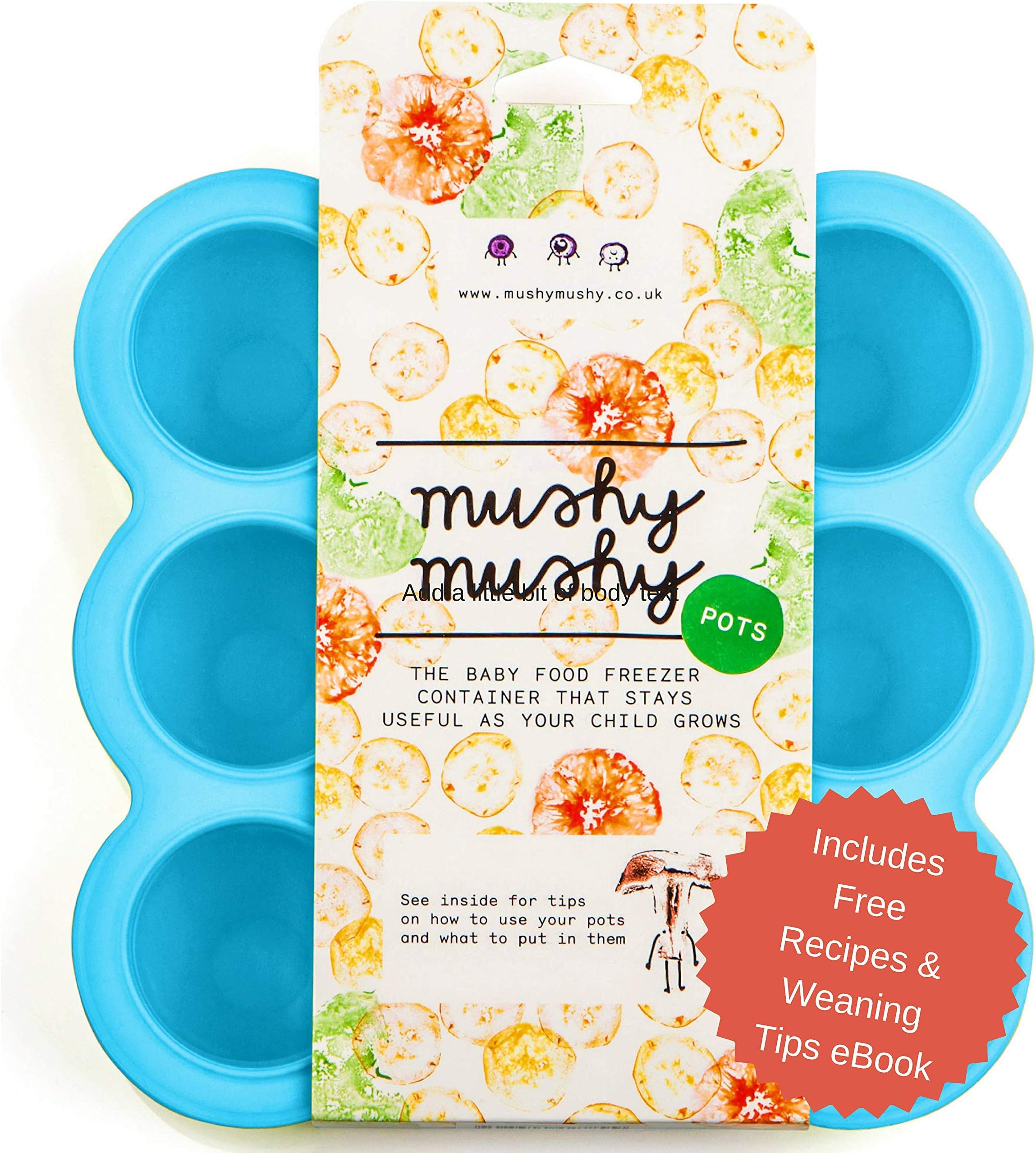 Weaning Pots by Mushy Mushy - Easy To Remove Baby Food Storage Container with Lid to prevent Freezer Burn - BPA Free Silicone Trays - Free Recipe eBook - Give Your Baby The Best Start- (Blue)