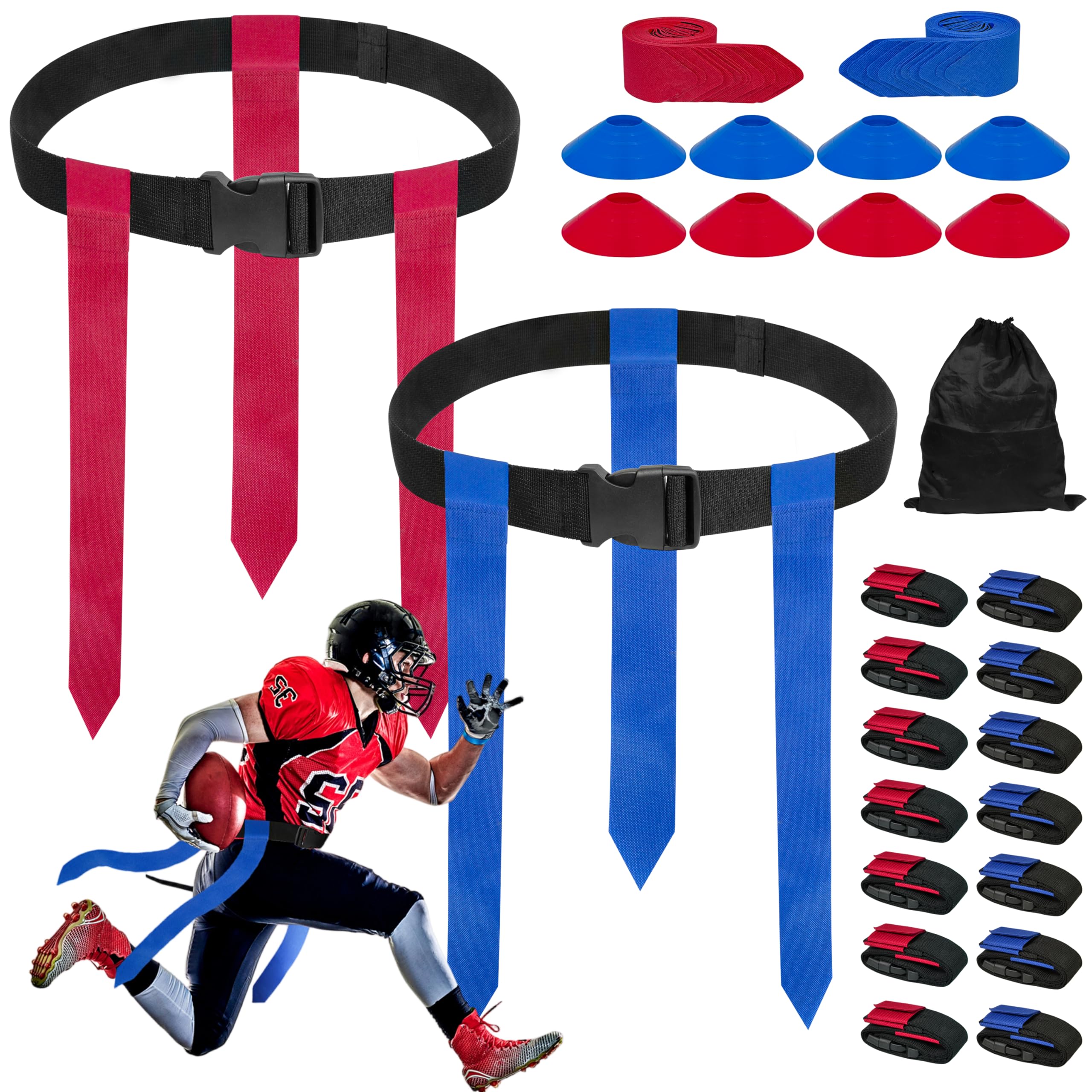 Cinturones de fútbol de bandera, juego de fútbol ajustable para 14 jugadores con 42 banderas, 8 conos de práctica y bolsa, para entrenamiento de niños, jóvenes y adultos
