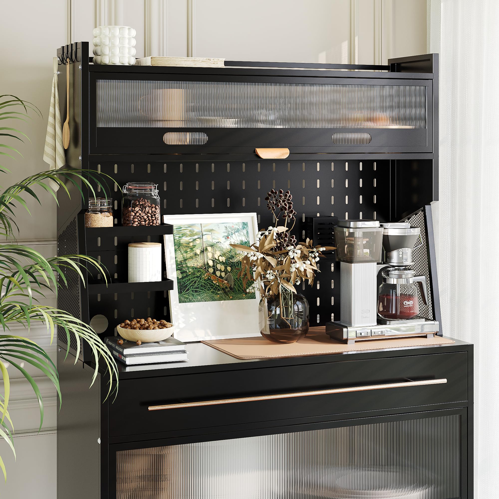 Buhdjfnke Organizer Da Cucina Con Cassetto E Cestino – Mensola In Legno Massello Nero Per Macchina Da Caffè, Salvaspazio E Resistente