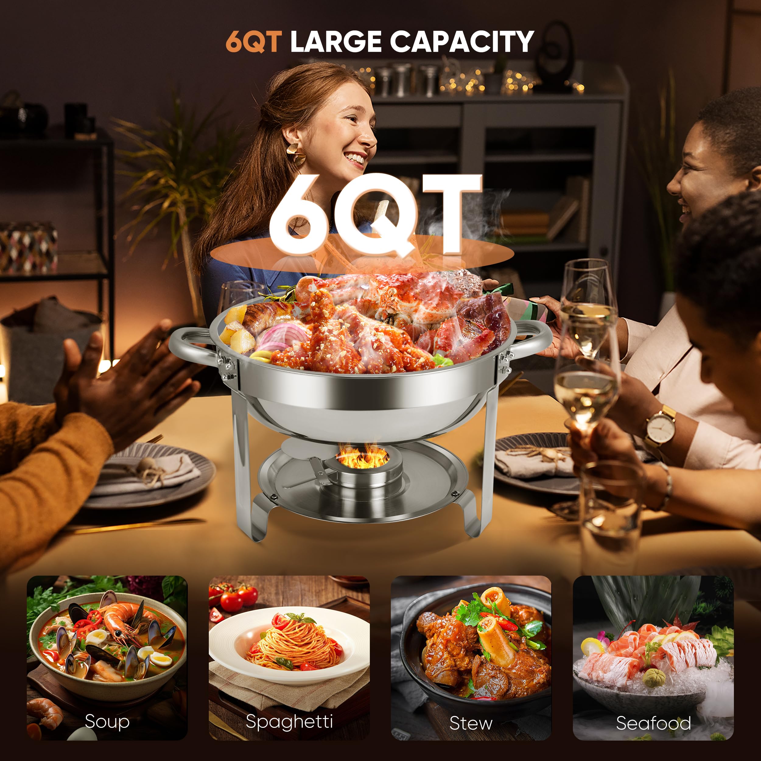 Juego de 4 platos de acero inoxidable con soporte para tapa, chafers redondos y calentadores de buffet para bodas, eventos, banquetes