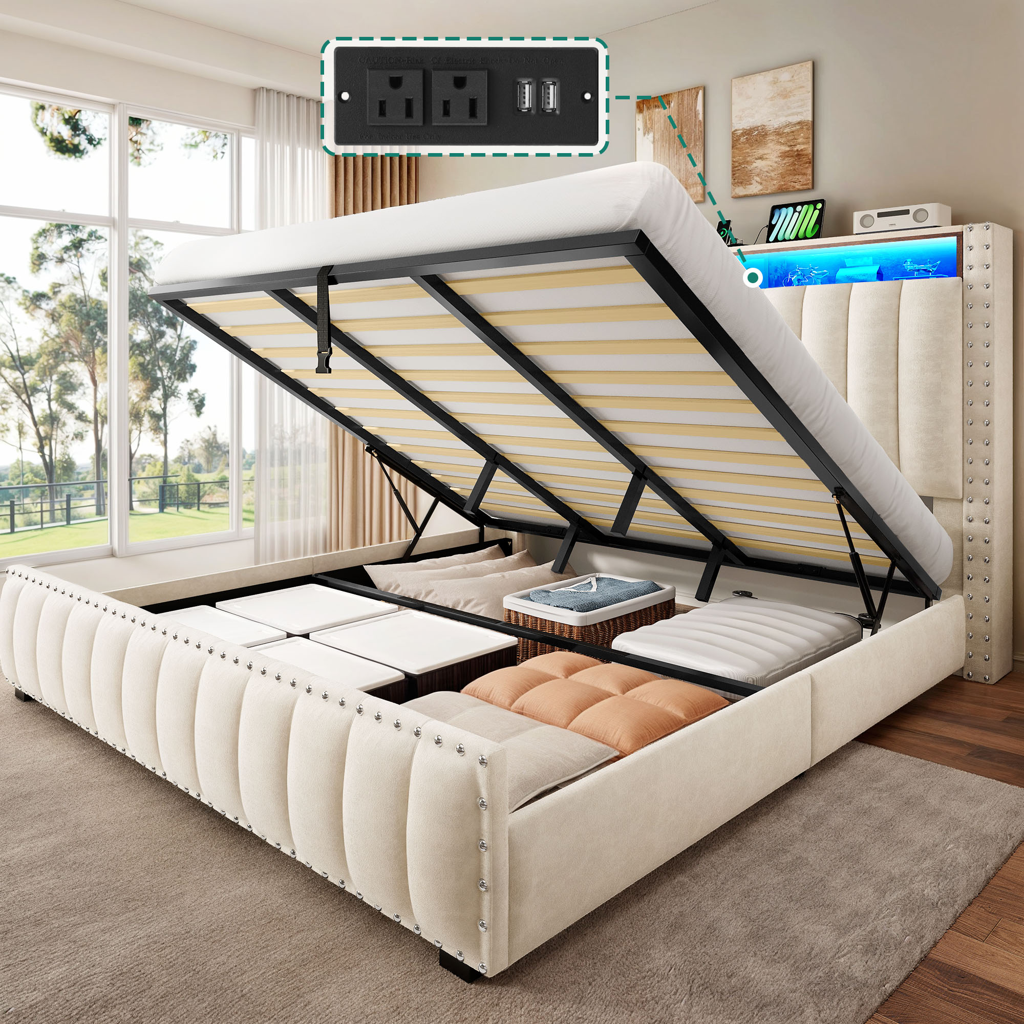 ベッドフレーム BED + MATTRESS with storage - 160x200 cm Amazon.com: ChicZhiNest Full Size Bed Frame with LED