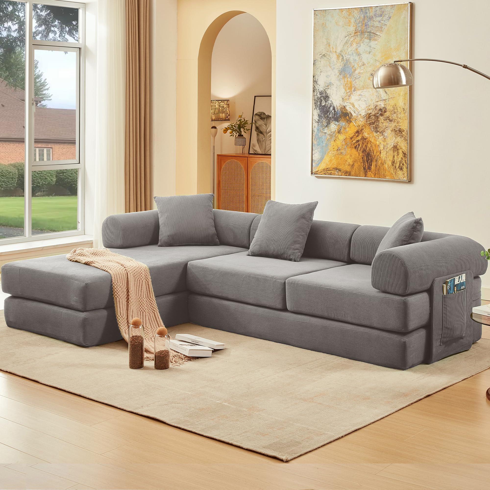 7-in-1 L Shaped Foldable Floor Couch Convertible Futon Sofa King