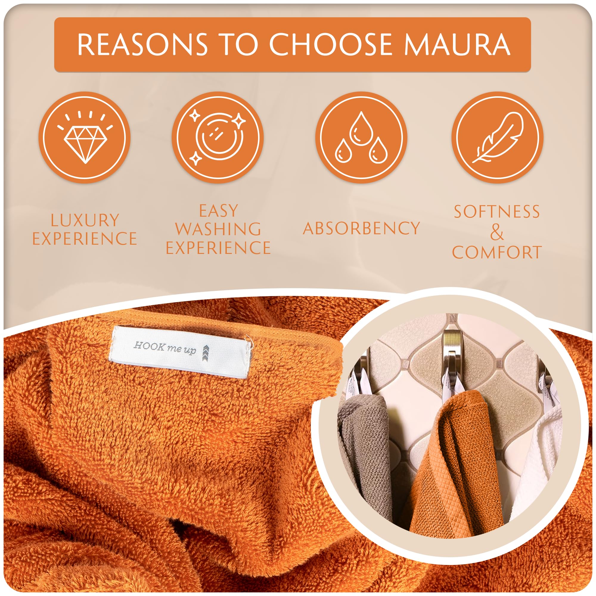 MAURA Basics - Juego de toallas de baño para baño con trabillas para colgar. Juego de 2 toallas de baño, 2 toallas de mano, 2 paños de baño, suaves, duraderas, duraderas y absorbentes, color óxido