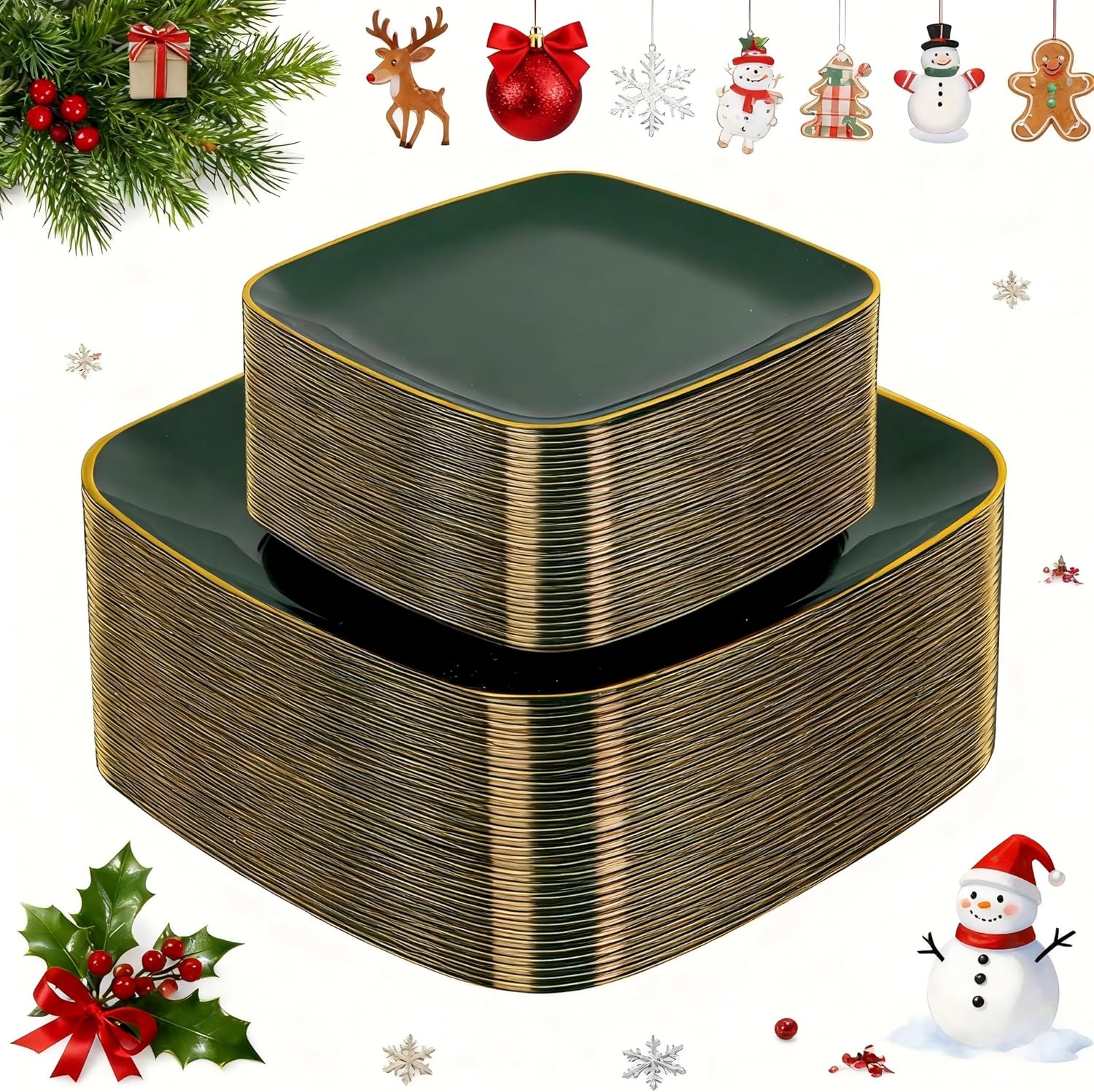 bucla 100pcs green and gold plastic plates - heavy duty square green disposable - include 50 dinner & 50 dessert plates for party & christmas green gold 7.25&10inch-100pcs