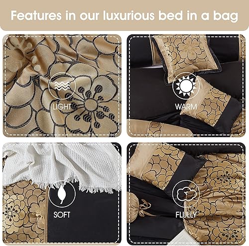 Miniatura 7 de Stratford Park Juego de edredón negro y dorado para cama Queen, 7 piezas, decoración del hogar, microfibra ligera de primera calidad