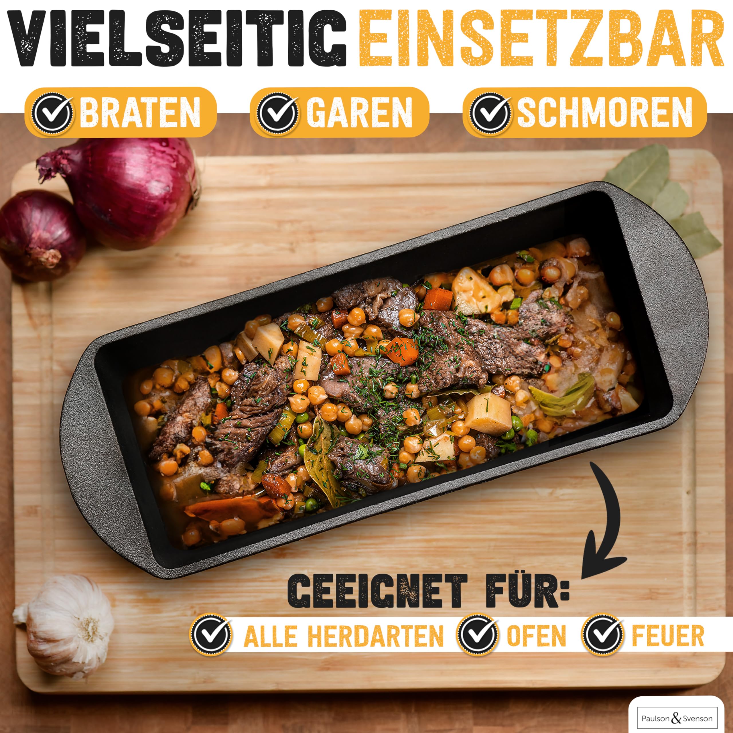 Paulson & Svenson - Brotbackform mit Deckel inkl. Gärkorb & Silikongriffe - Brotform aus Gusseisen zum Backen, Kochen, Grillen - Brottopf/Gusstopf in Kastenform (rechteckig) für frisches Kasten-Brot