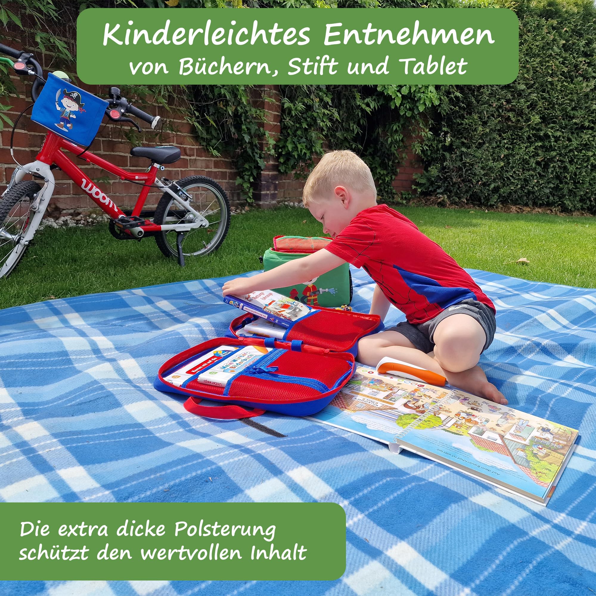 GRINSEZWERGE Tasche für TipToi im Feuerwehrmann Design I Aufbewahrung für TipToi Stift, Bücher & Zubehör I Kinder Tablet Tasche I Tragetasche für Edurino Figuren