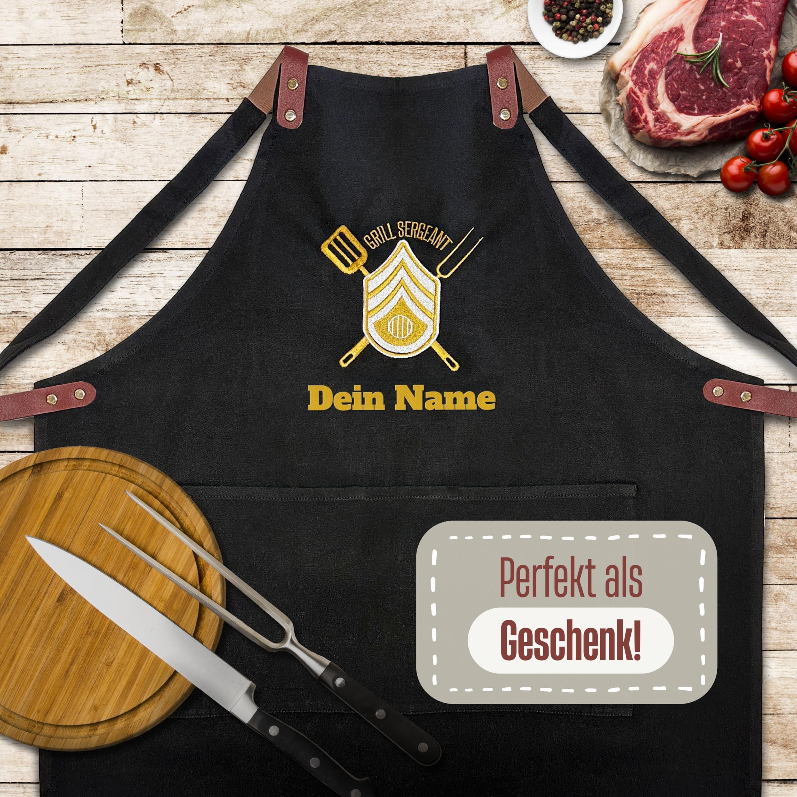 Grillschürze personalisiert mit Motiv & Wunschtext bestickt - Individuell personalisierte Kochschürze aus hochwertiger Baumwolle als besonderes Geschenk