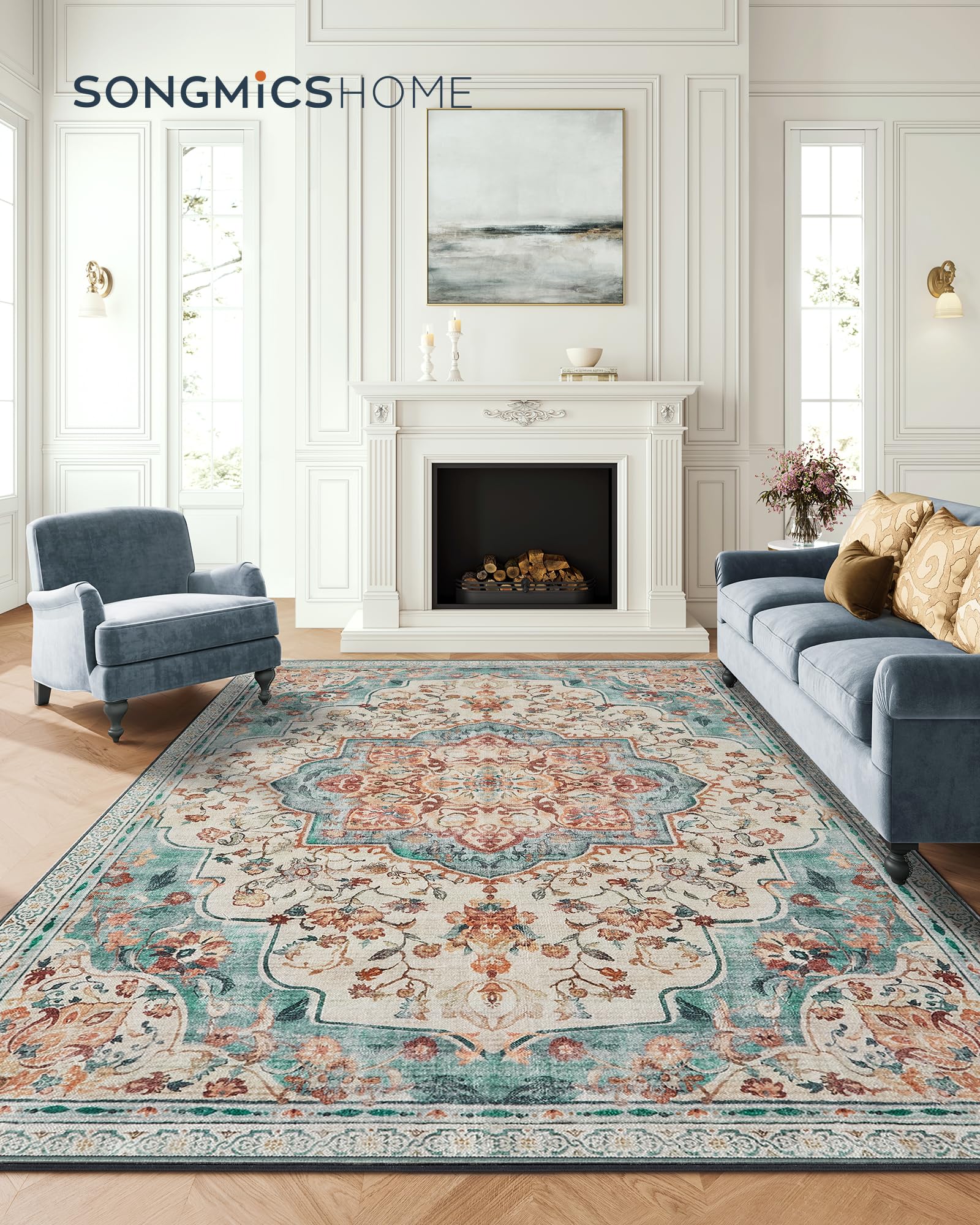 SONGMICS HOME Tappeto Antiscivolo 200 x 290 cm Camera da Letto, Stile Vintage Tradizionale, Ornamento per Soggiorno, Cucina, Ingresso, Sala da Pranzo, Lavabile in Lavatrice, Blu Acqua TAR310Q01