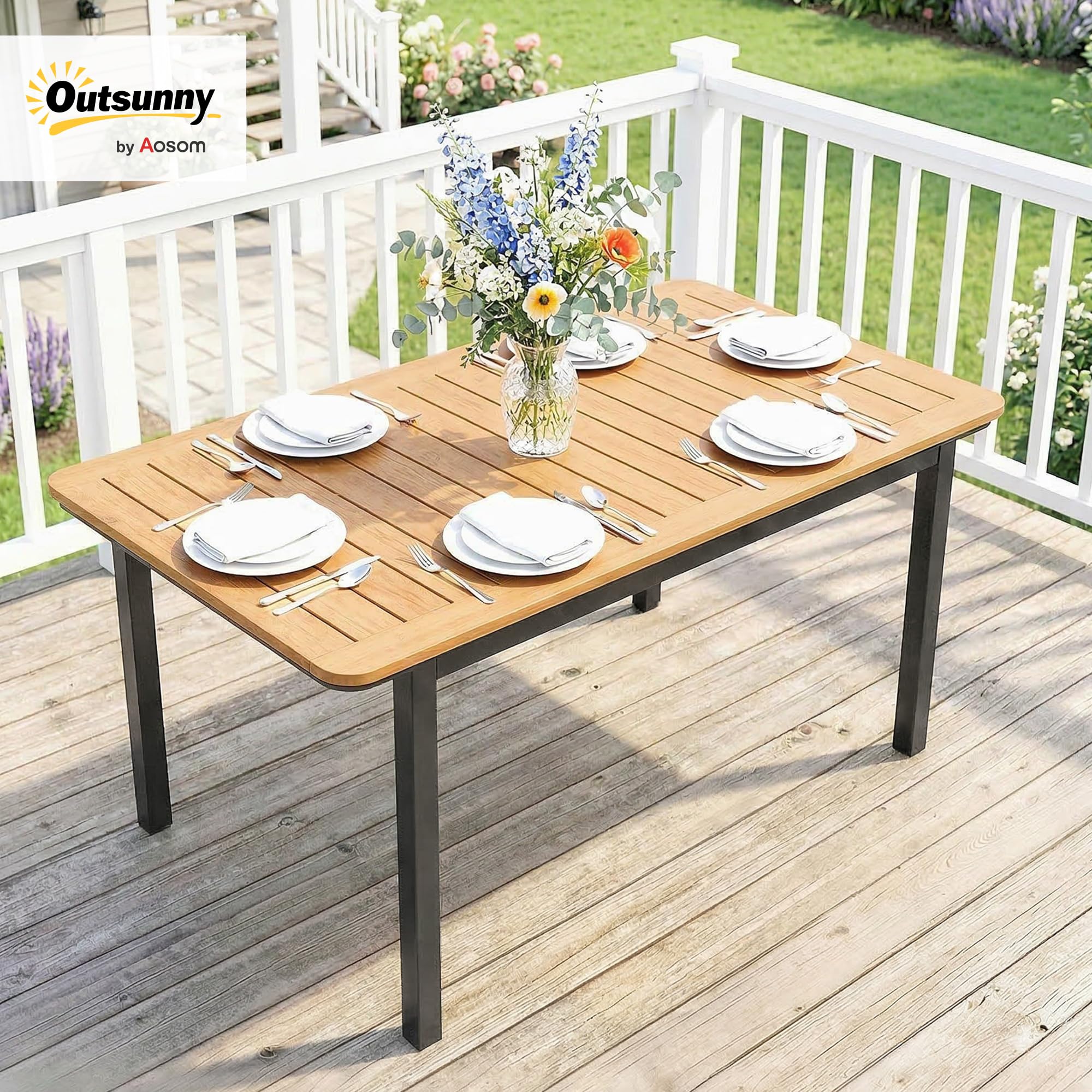Outsunny - Mesa de jardín para 6 personas, madera compuesta, 127 x 70 cm, color marrón | Mesa de exterior rectangular, marco de metal, bandeja para láminas, muebles de terraza, para balcón y patio