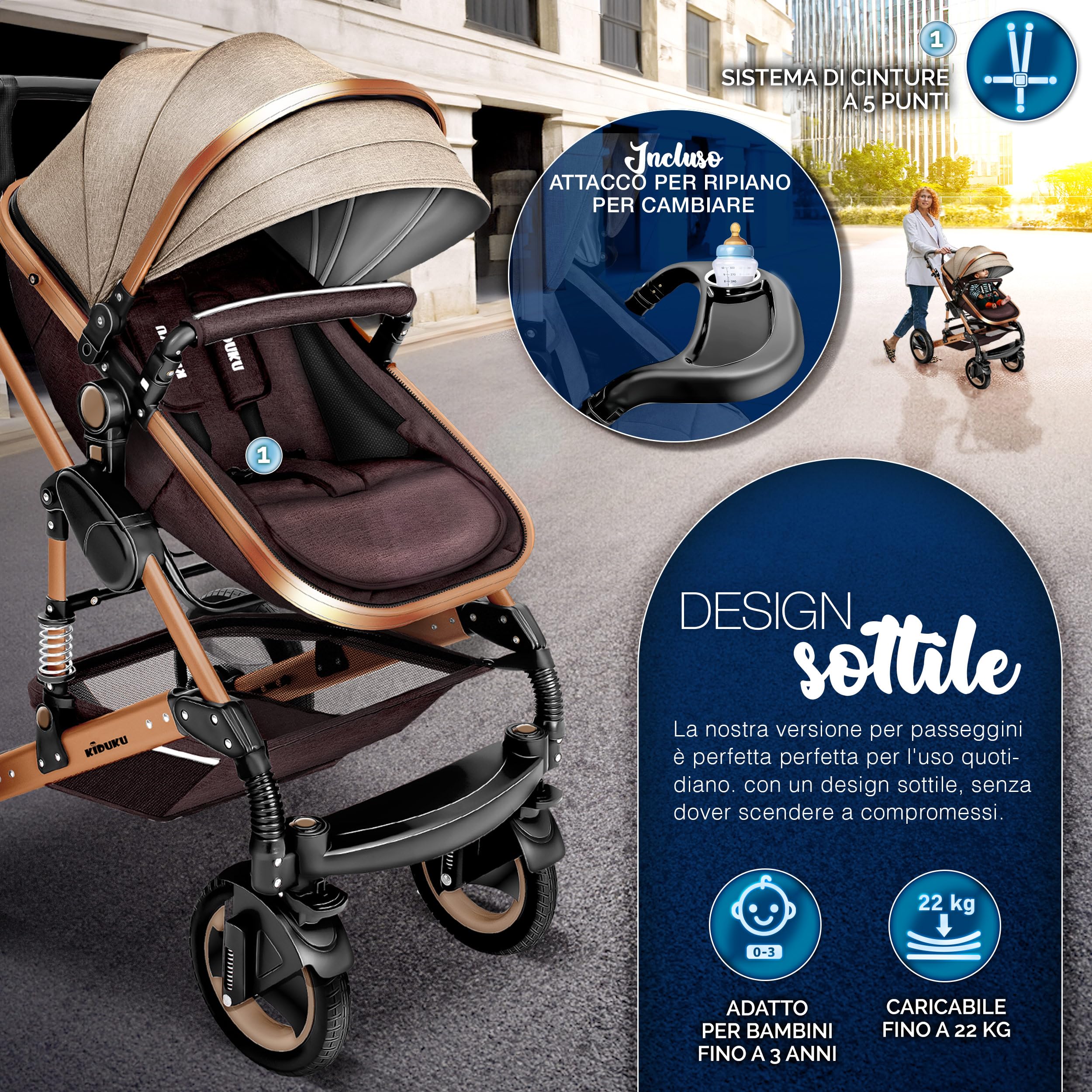 KIDUKU 3 in 1 Passeggino Completo Trio Sistema Combinato con Navicella Ovetto Seggiolino Auto Coprigambe ECE R129