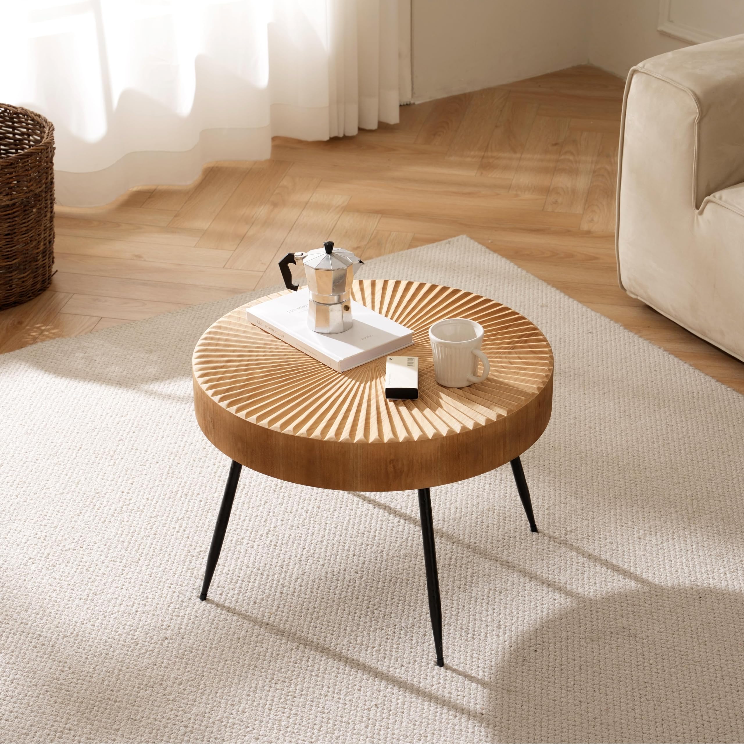 Cagnolier Couchtisch Jahresring-Design - 120x60cm Holz Mit Metallbeinen