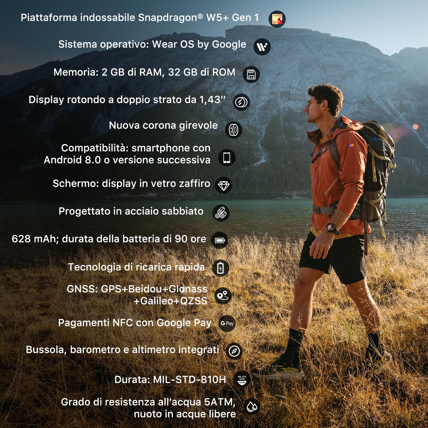 Ticwatch Atlas Smartwatch Android Wear OS 90 ore di batteria 110+ modalità di allenamento Mappa termica Rilevamento cadute Health Fitness Tracker 5ATM Bussola GPS Solo Android Compatibile Grigio