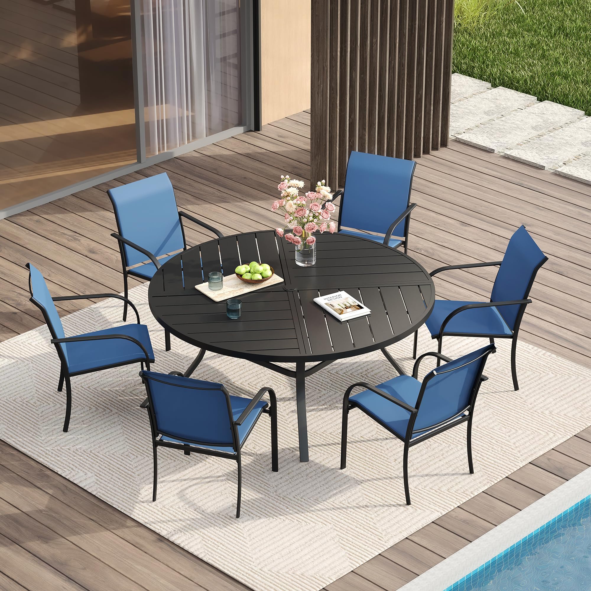 VICLLAX Patio Table and Chair Set of 6, All Weather Metal Round Outdoor Dining Furniture Set-50 Round Outdoor Table and Chairs, Black Tabletop