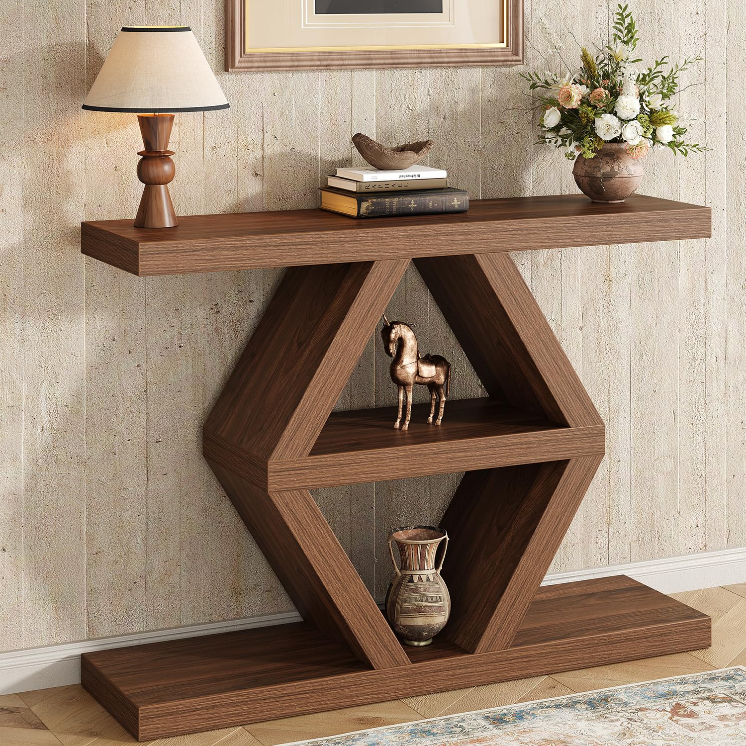 39.4" Farmhouse Console Table, Rustic Entryway Table with 3-Tier Storage Shelves, Wooden Sofa Table Behind Couch, Unique Modern Narrow Entry Table for Entrance, Hallway, Foyer, Living Room, Walnut