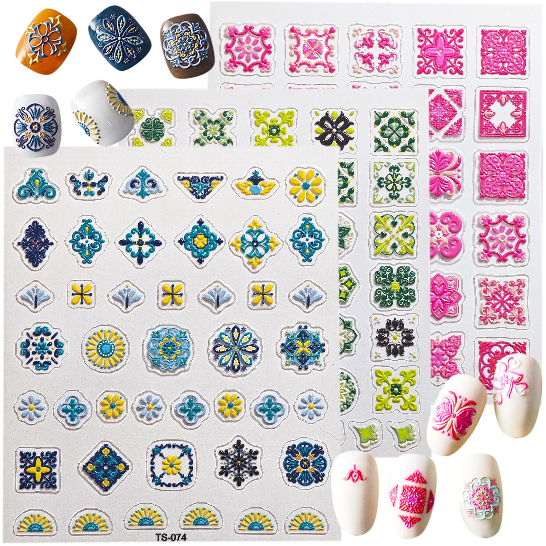 5D Embossed Bohemia Style, Nail Stickers for Nail Art, 15 Sheets Self-Adhesive Nail Decals, Exquisite Vintage Pattern, 3D Stickers Nail Art, Sticker