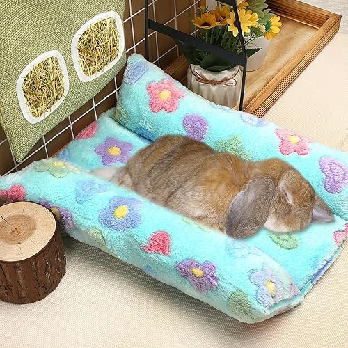 Miniatura 5 de Cama de conejo de 15.7 x 14 pulgadas, cama cóncava acolchada para animales pequeños, tapete de felpa con almohadas de algodón para conejillos de