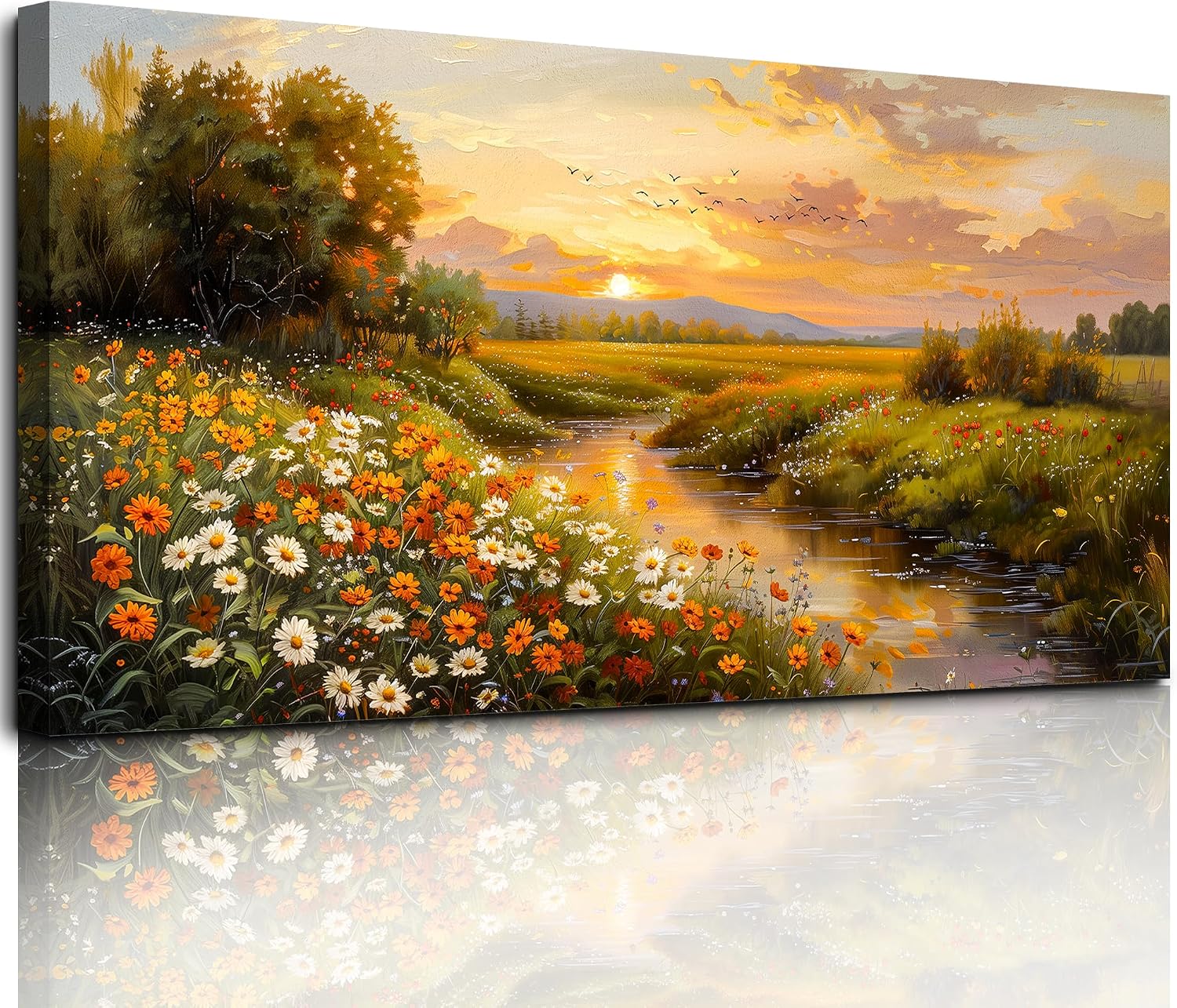 MHARTK66 Flowers by the River Canvas Pictures 50 x 100 cm Large Wall Pictures Living Room Landscape Picture Aesthetic Modern Wall Decoration Art Print Bedroom Dining Room Office Kitchen Bathroom