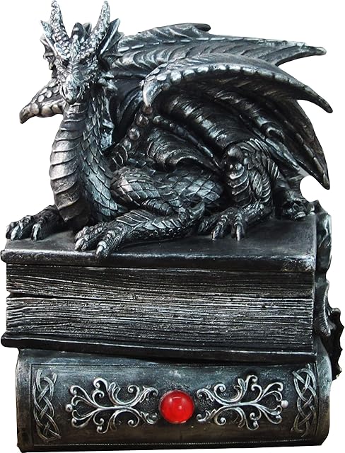 DWK 8" Guardian of Bibliophiles Decorative Medieval Gothic Dragon Trinket Stash Box Statue with Magical Hidden Book Secret Storage Compartment for Fantasy Home Decor