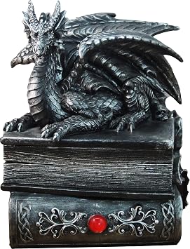 Guardian of Bibliophiles Stone Finish Dragon on Books Resin Trinket Box with Hidden Compartment - Gothic Medieval Dresser Decorative Accent - 8 Inches High