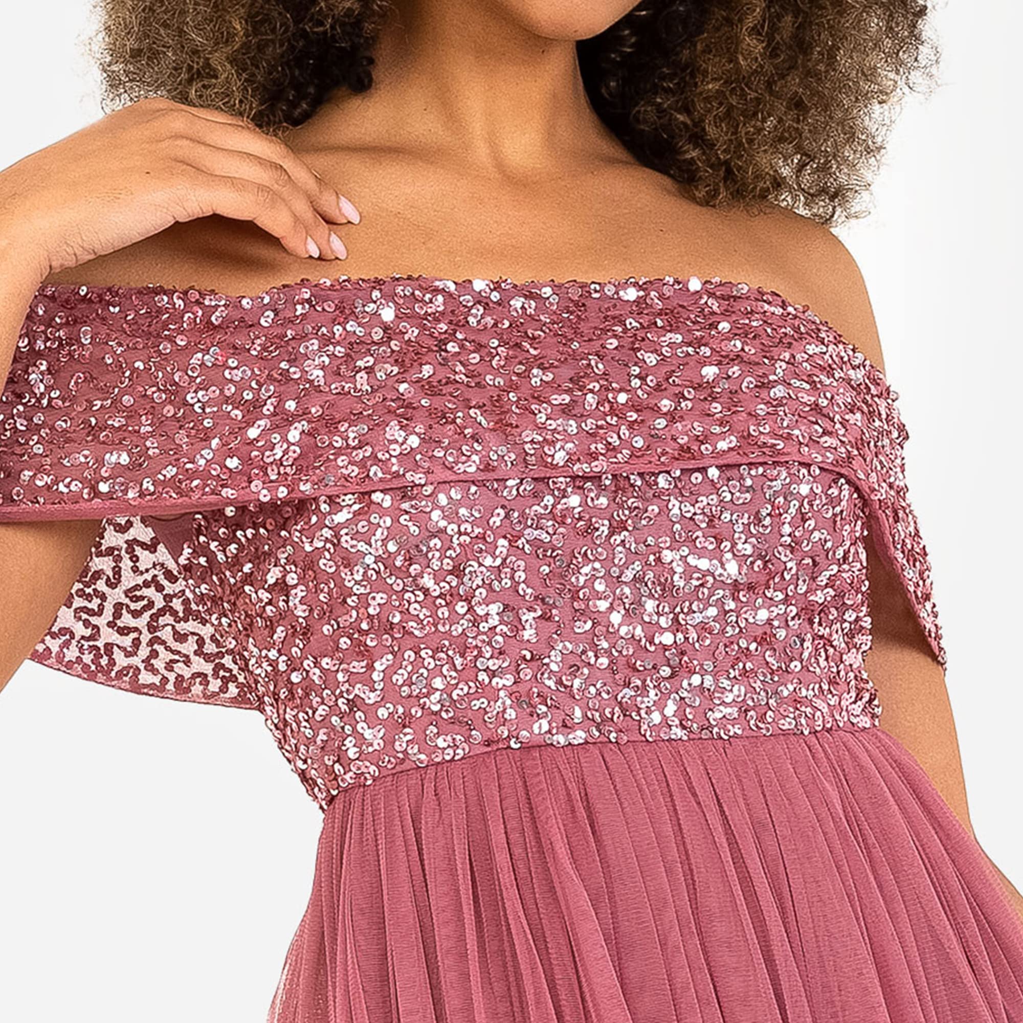 Maya Deluxe Ladies Bardot Dresses Women Midi High Empire Sequins Embellished Formalny wieczór na wesele dla gości sukienka druhny dla kobiet