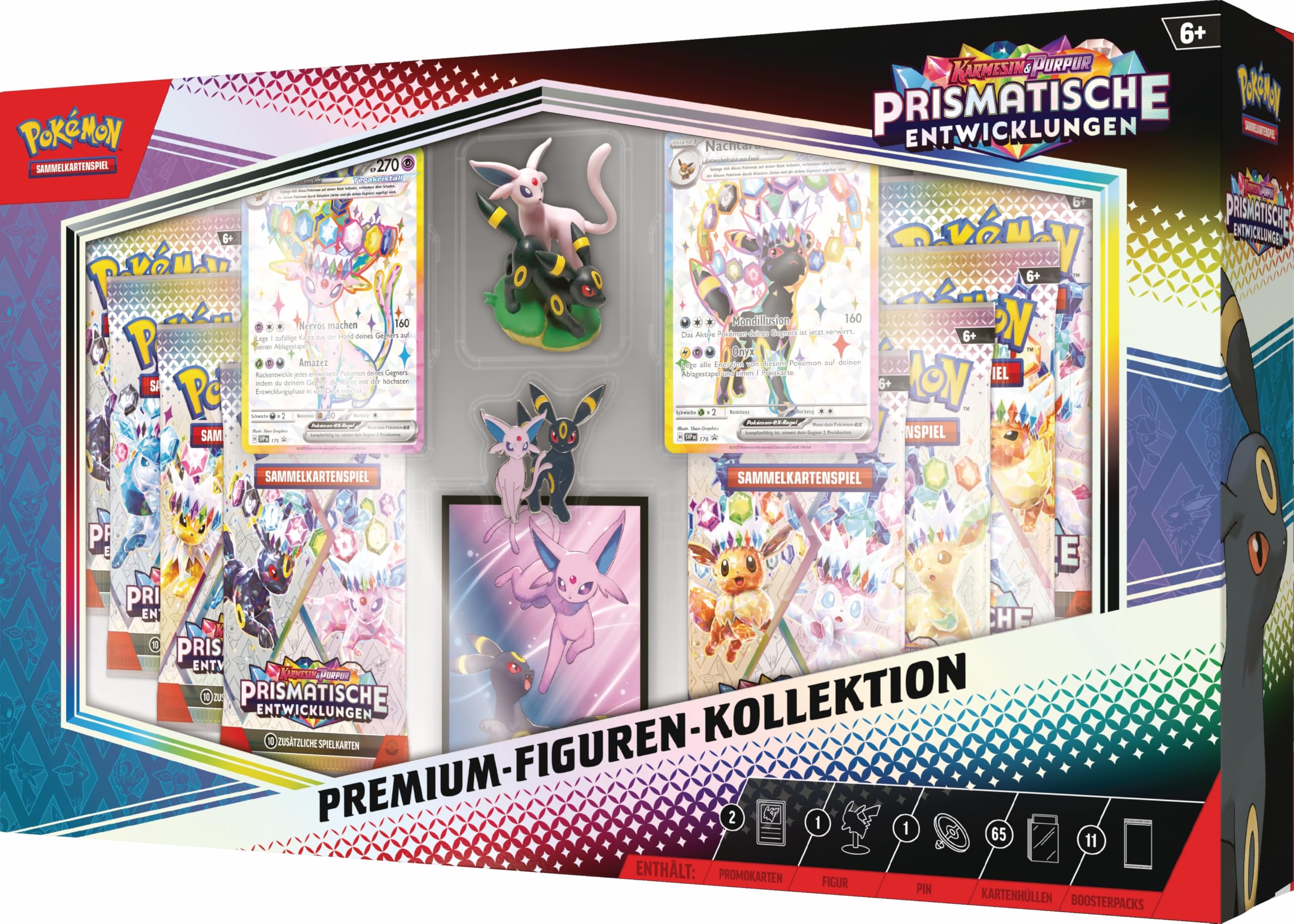 Pokémon-Sammelkartenspiel: Premium-Figuren-Kollektion Karmesin & Purpur – Prismatische Entwicklungen (2 geprägte holografische Promokarten, 11 Boosterpacks & mehr)