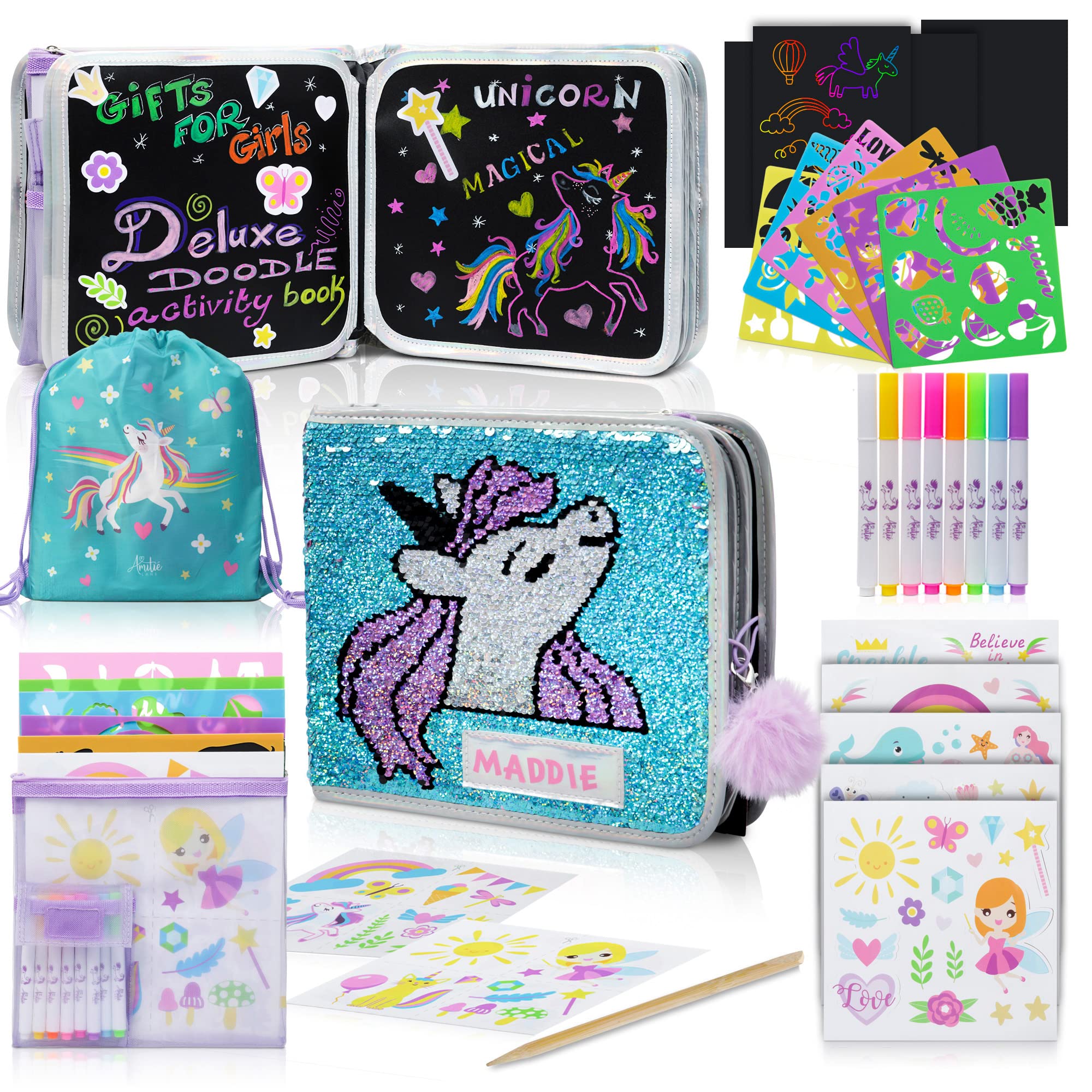 Sets para colorear unicornios para niños de 4 a 8 años, listos para viajar, libro para colorear reutilizable con pegatinas, papel rascable, rotuladores lavables, regalos unicornios para niñas