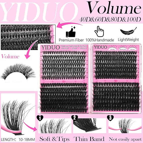 YIDUO Lash Clusters Kit 1214PCS, Mix Styles Fluffy Manga & Fox Eye Individual Lashes, DIY Eyelash Extension Kit with Bond and Seal Remover Tweezers, D Curl Cluster Lashes for Self Application at Home