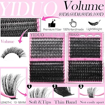 YIDUO Lash Clusters Kit 1214PCS, Mix Styles Fluffy Manga & Fox Eye Individual Lashes, DIY Eyelash Extension Kit with Bond and Seal Remover Tweezers, D Curl Cluster Lashes for Self Application at Home